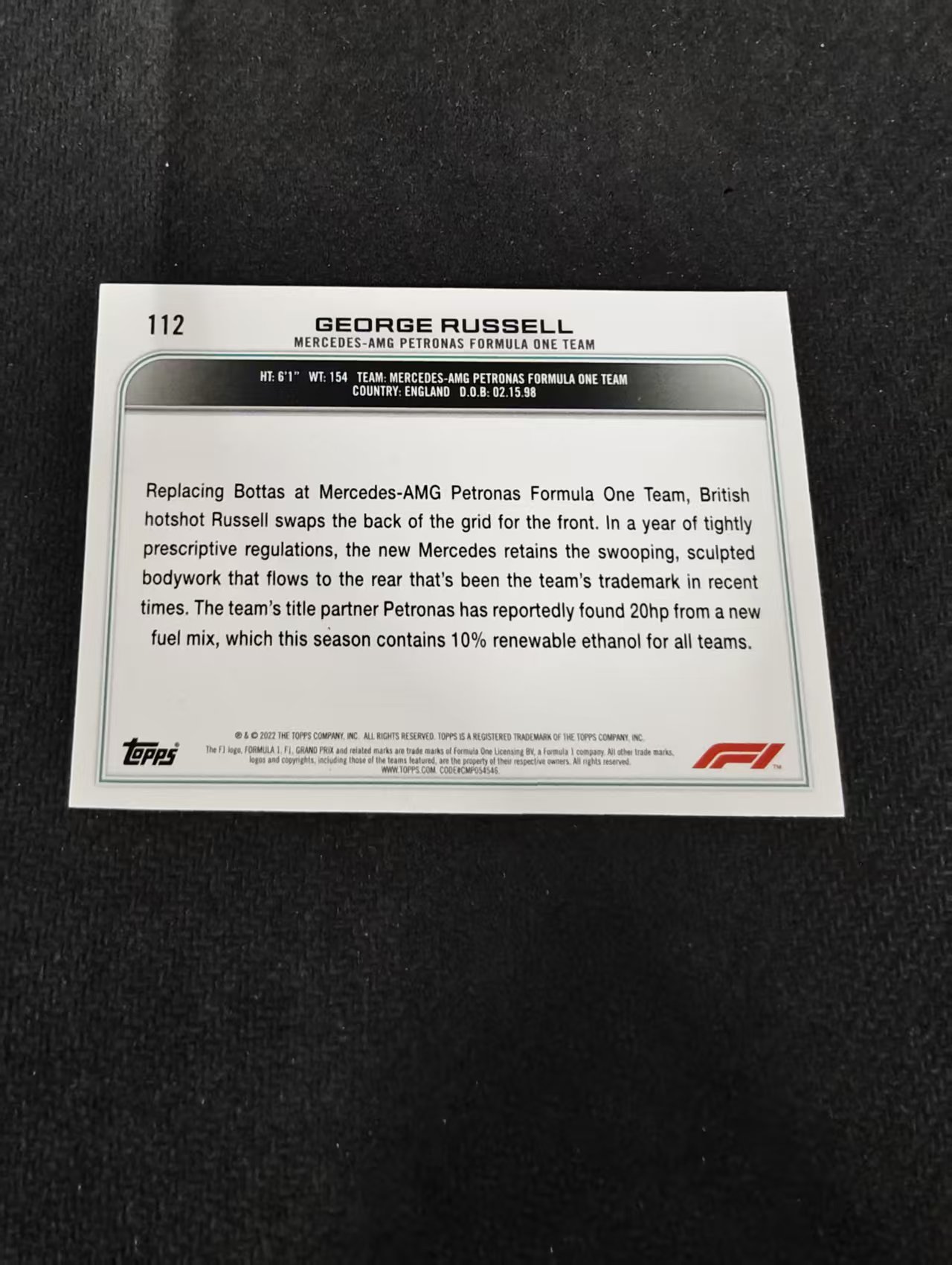 2022 Topps Chrome F1 George Russell 乔治 拉塞尔 梅奔 划痕 边角瑕疵@112