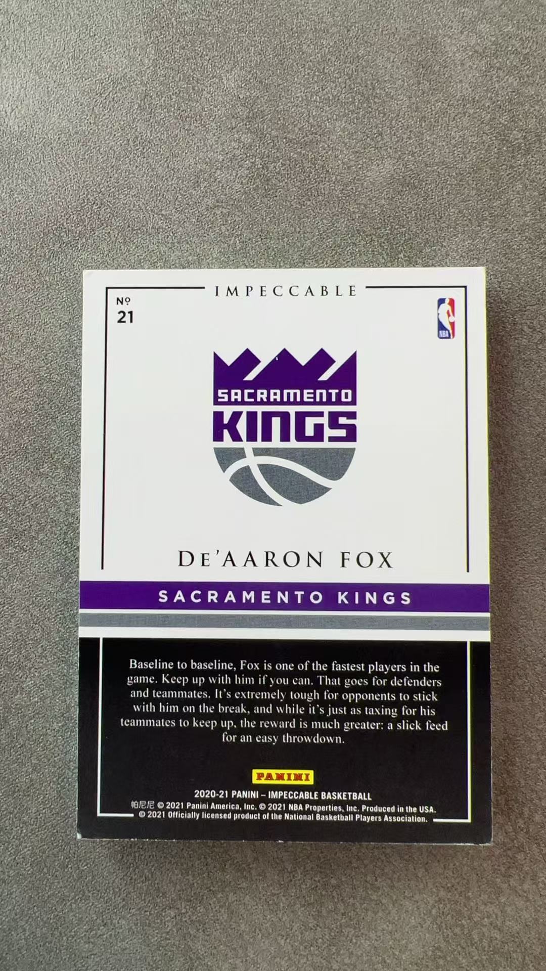 6458【330球星卡实体店代卖】2020-21 帕尼尼 小真金 达龙 福克斯 De'Aaron Fox 国王 实物银块 07/20编 卡品如图 仅顺丰寄付(AP9)