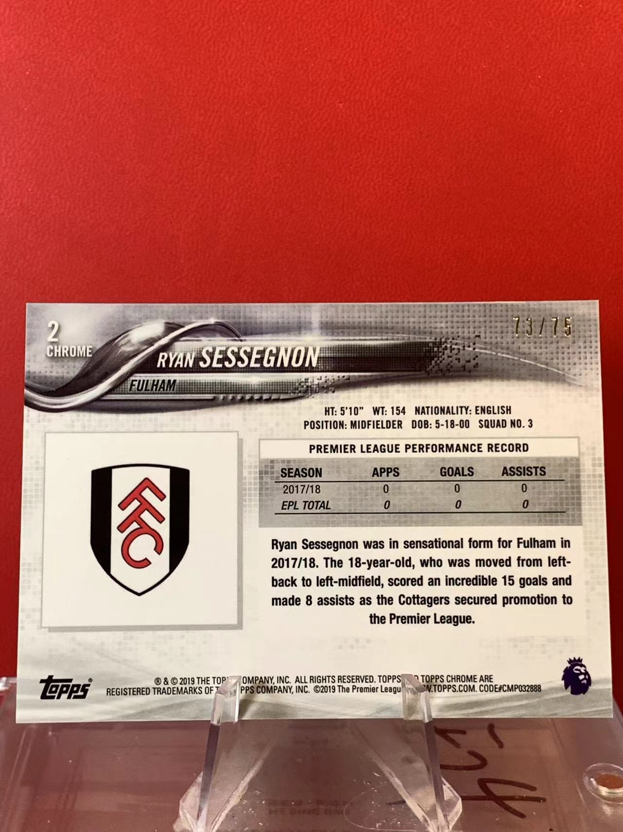 (詹叔代拍)2018-19 Topps 元年 英超 CHROME Ryan Sessegnon 塞塞尼翁 富勒姆 热刺 73/75编 稀有老卡 蓝波纹 卡品如图 顺丰寄付 泰山