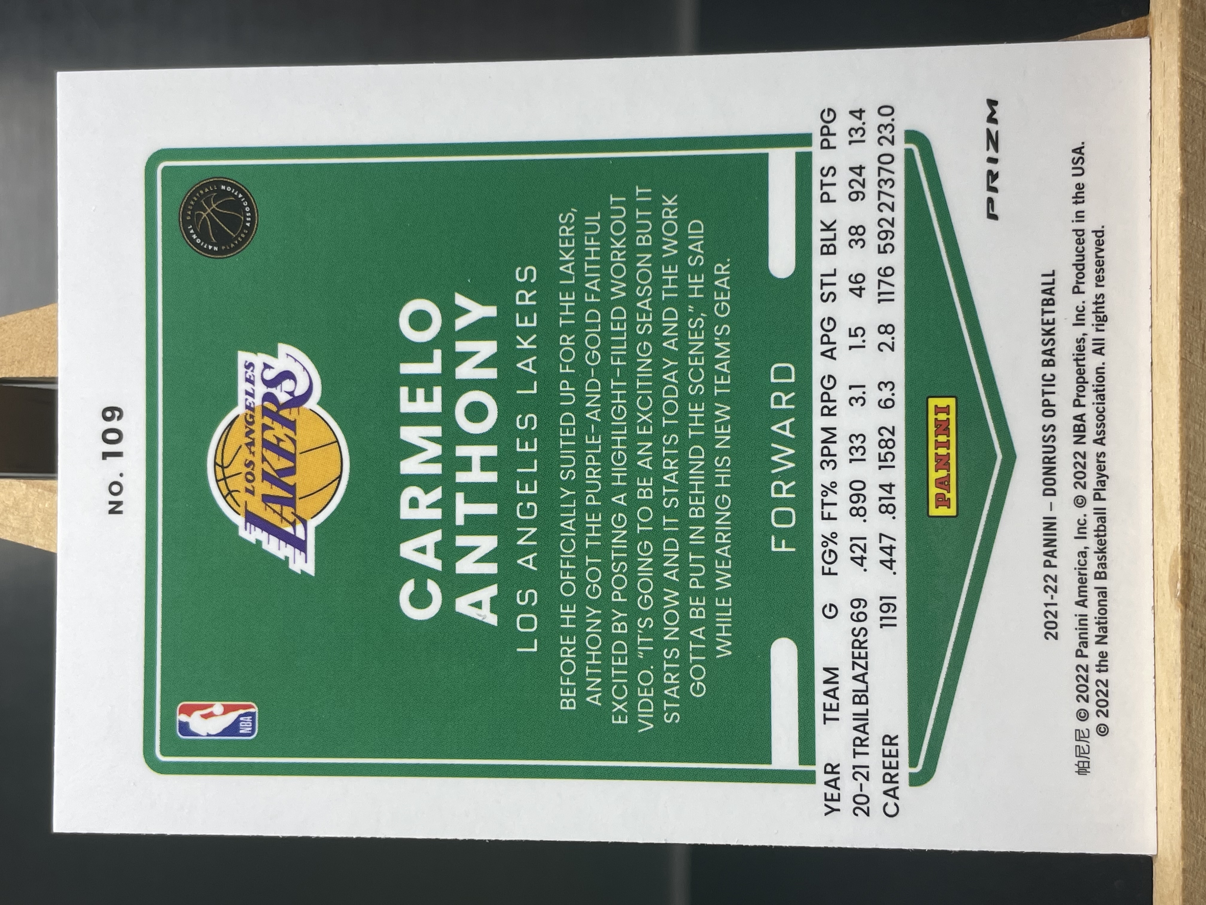 (A2) 2021-22 PANINI OPTIC 蓝镭射 甜瓜 卡梅隆 安东尼 湖人 实卡好看 收藏凑套必备 卡品如图 !!!