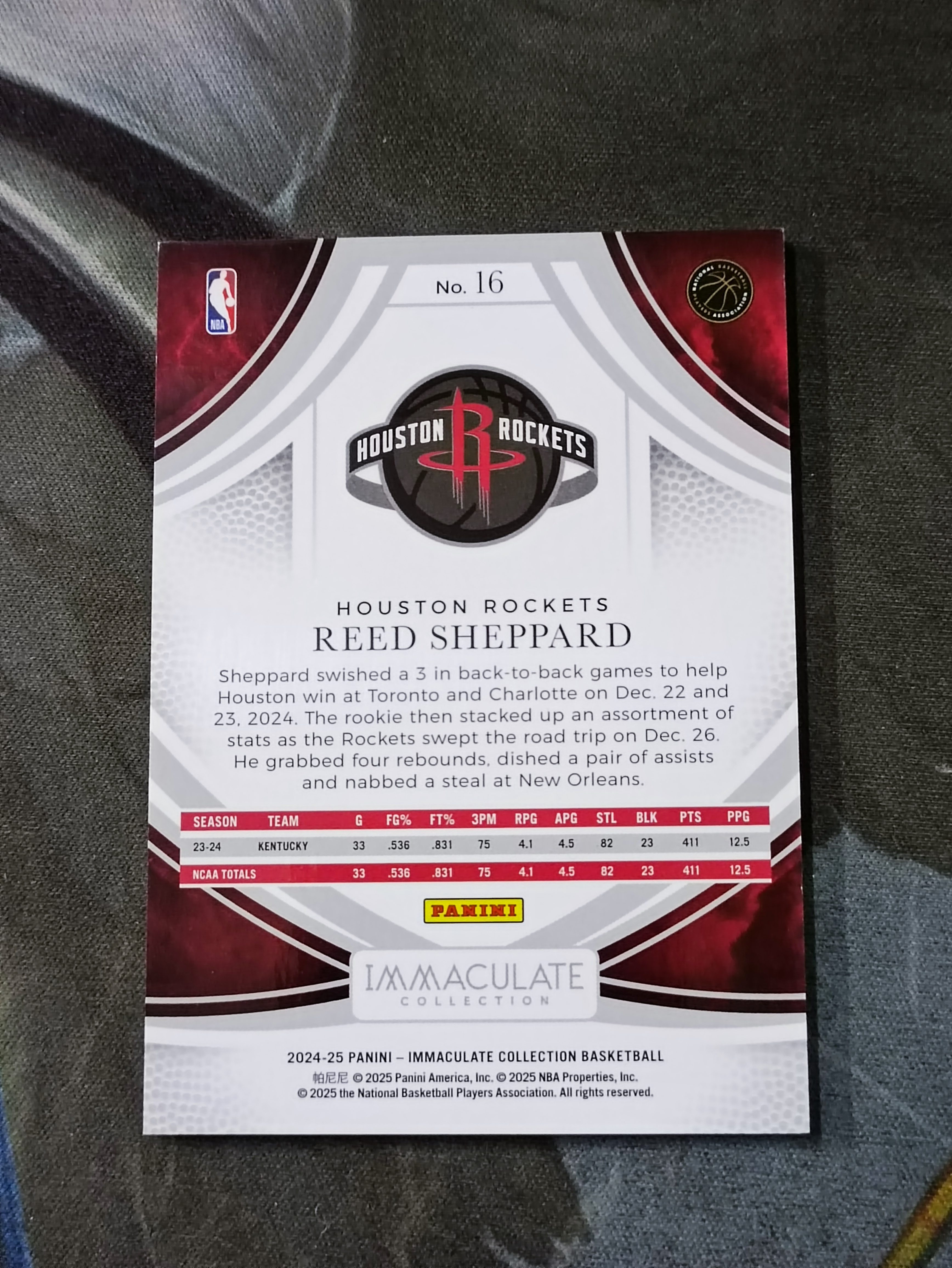 2024-25 Panini Immaculate Reed Sheppard RC 里德谢泼德 新秀 限量63/99编 爱咪咪 Base 火箭#16(品见大图小瑕)《苏州卡通》J【HB】