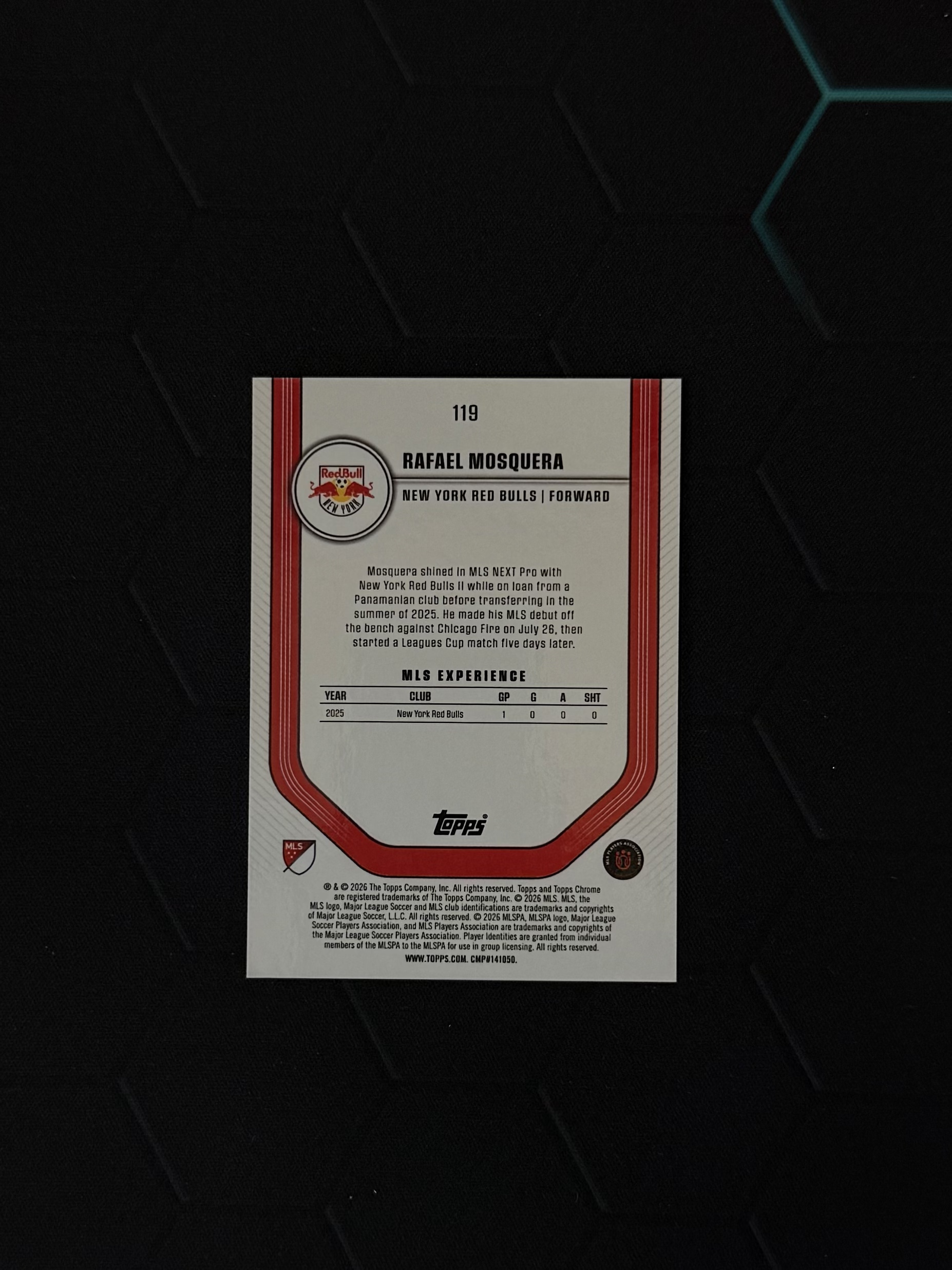 2026 Topps Chrome Rafael Mosquera RC 【傲来拍卖】美职联 MLS 纽约红牛 新秀 拉斐尔 莫斯克拉 30编 珍珠折 黑白折 卡品如图 力美L