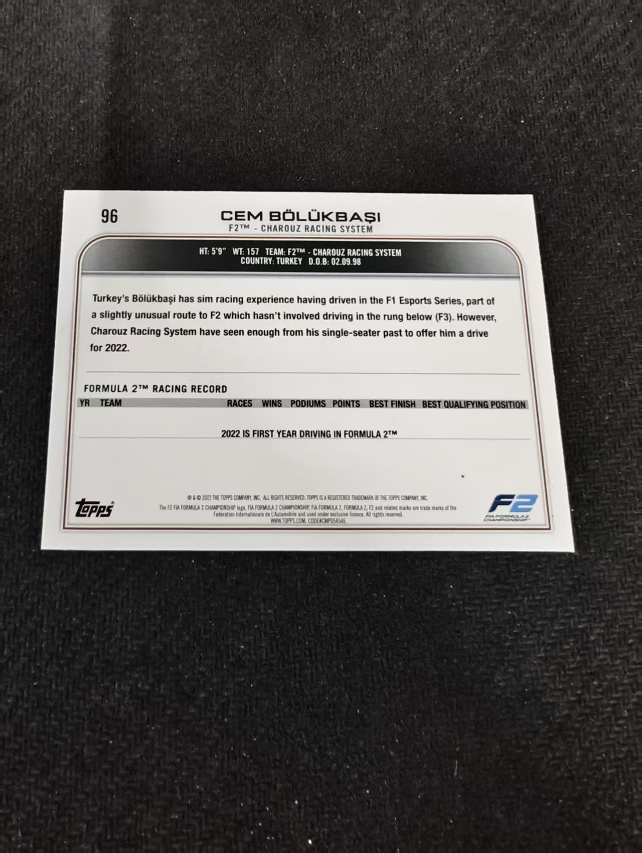 2022 Topps Chrome F1 Cem Bolukbasi 卡姆 波罗巴西 F2 黑白棋盘 划痕 边角瑕疵@96