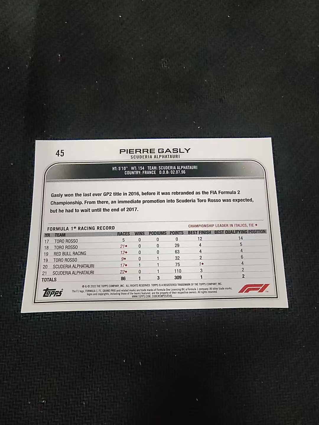 【汽水拍卖】2022 Topps Chrome F1 Pierre Gasly 皮埃尔 加斯利 划痕 边角瑕疵 @45