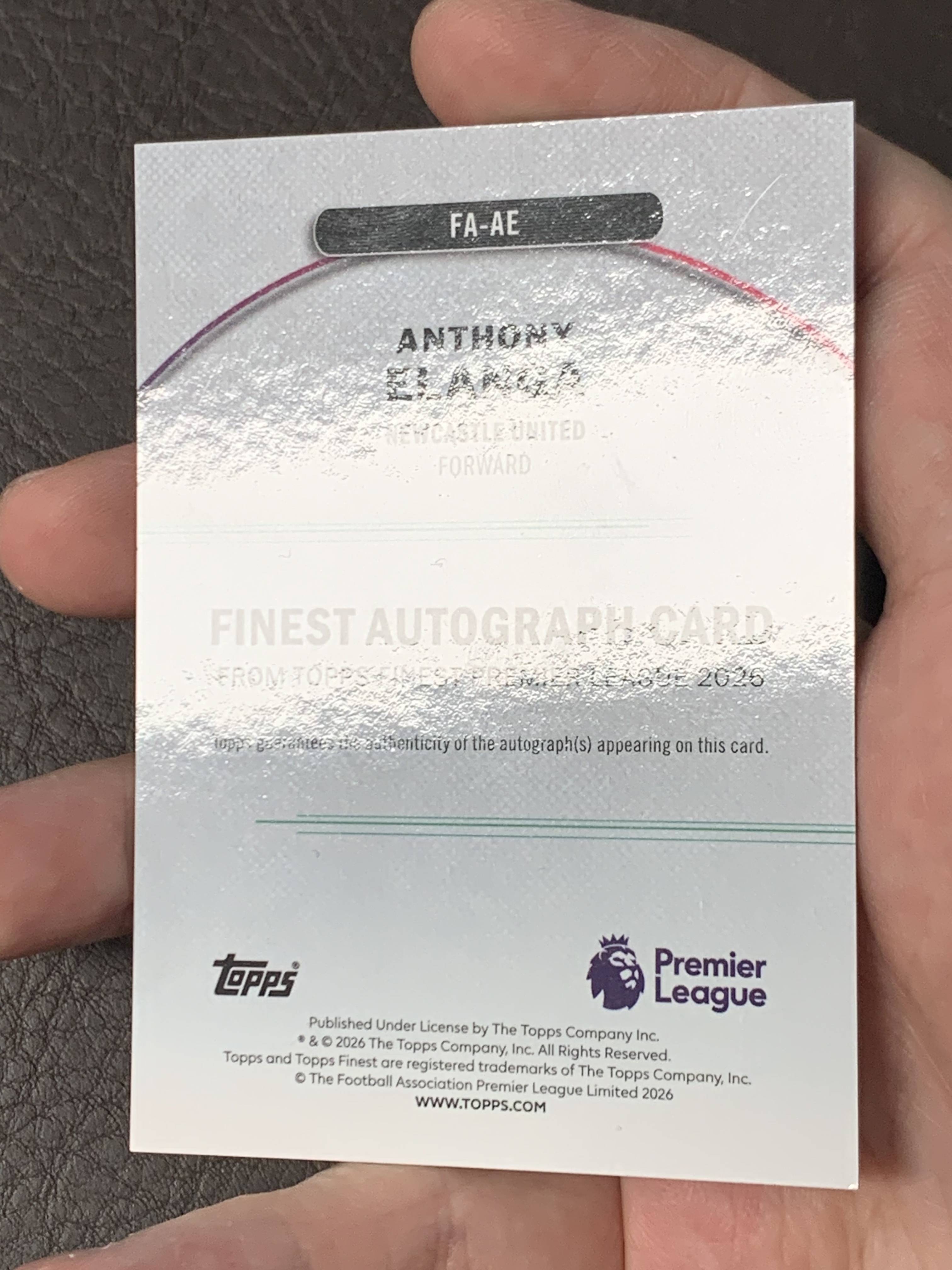 2026 Topps Finest Anthony Elanga 英超 埃兰加 纽卡斯尔联 瑞典 曼联 英格兰 55/99编 蓝折 签字