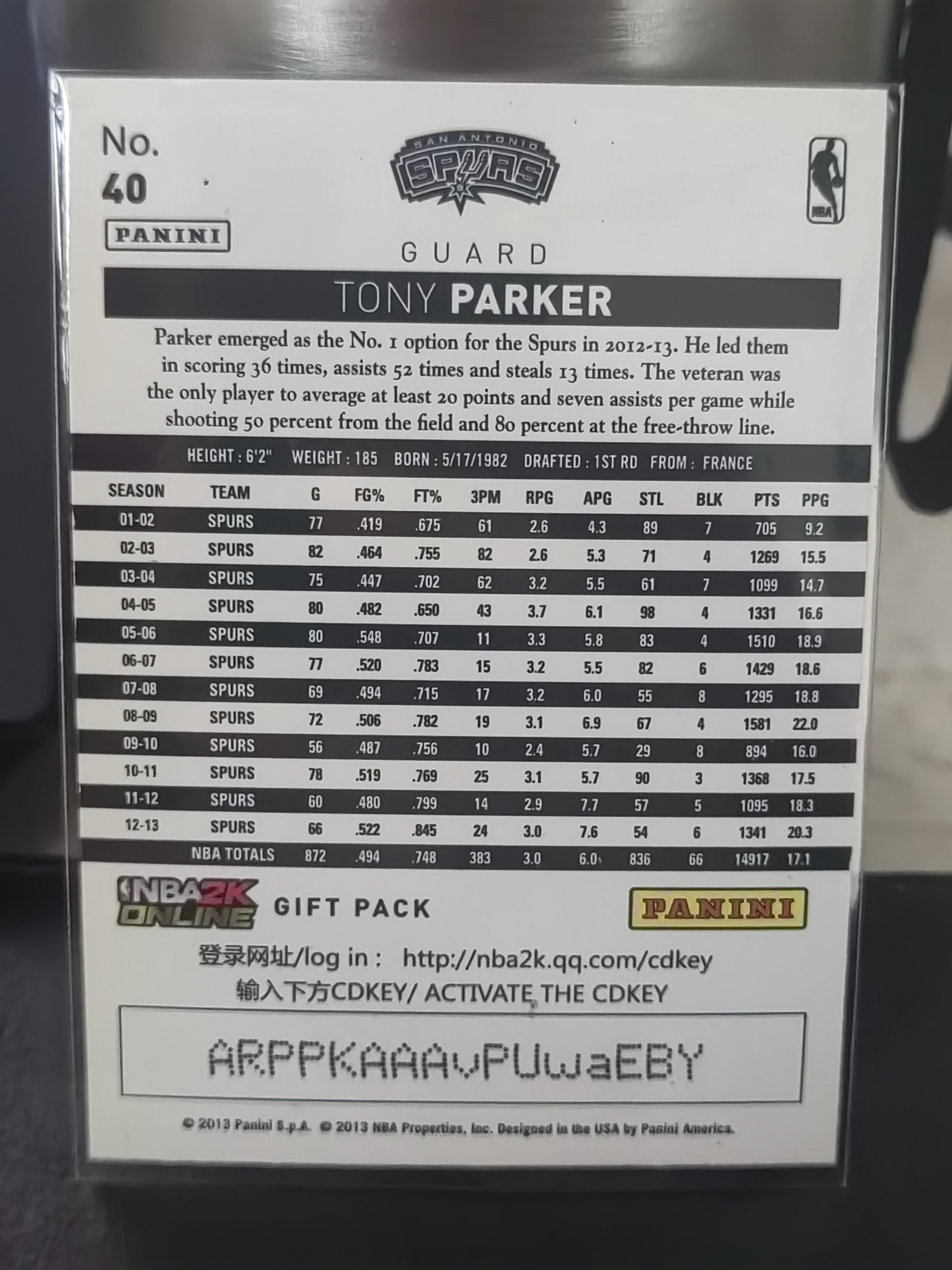 2013 Panini S.p.A Tony Parker 中雅图 银折 托尼帕克 马刺 篮 白边白角 不保卡品 卡品如图