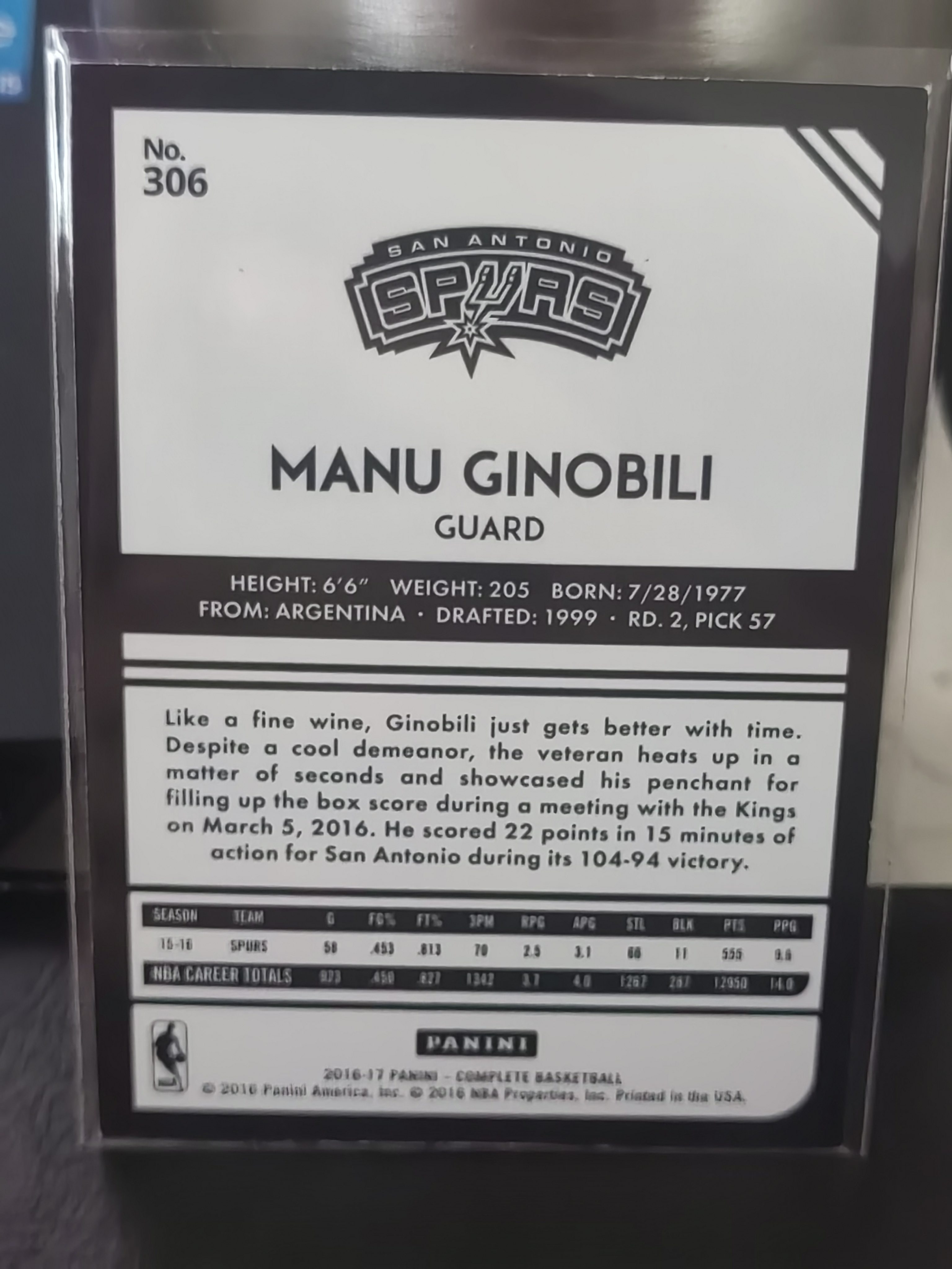 2016-17 Panini Complete Manu Ginobili Complete 马努 吉诺比利 马刺 篮 白边白角 不保卡品 卡品如图