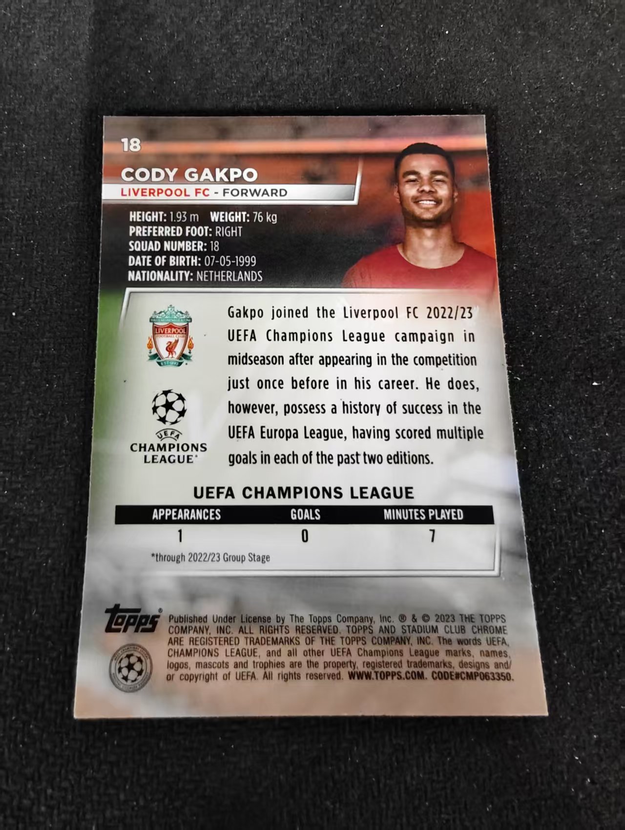 【可合并,不累计】2023 Topps Stadium Club Chrome Cody Gakpo 加克波 利物浦 欧冠 竞技场 不保卡品 介意勿拍 #18