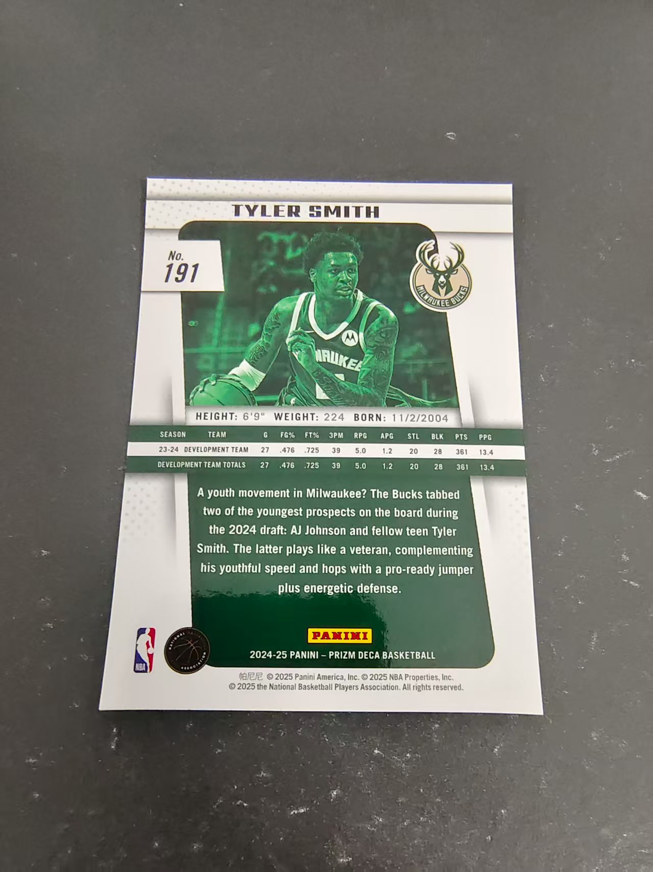 【可合并,不累计】 2024-25 Panini Prizm Deca Tyler Smith RC pz 新秀 泰勒 史密斯 雄鹿 复刻 划痕 边角瑕疵 #191