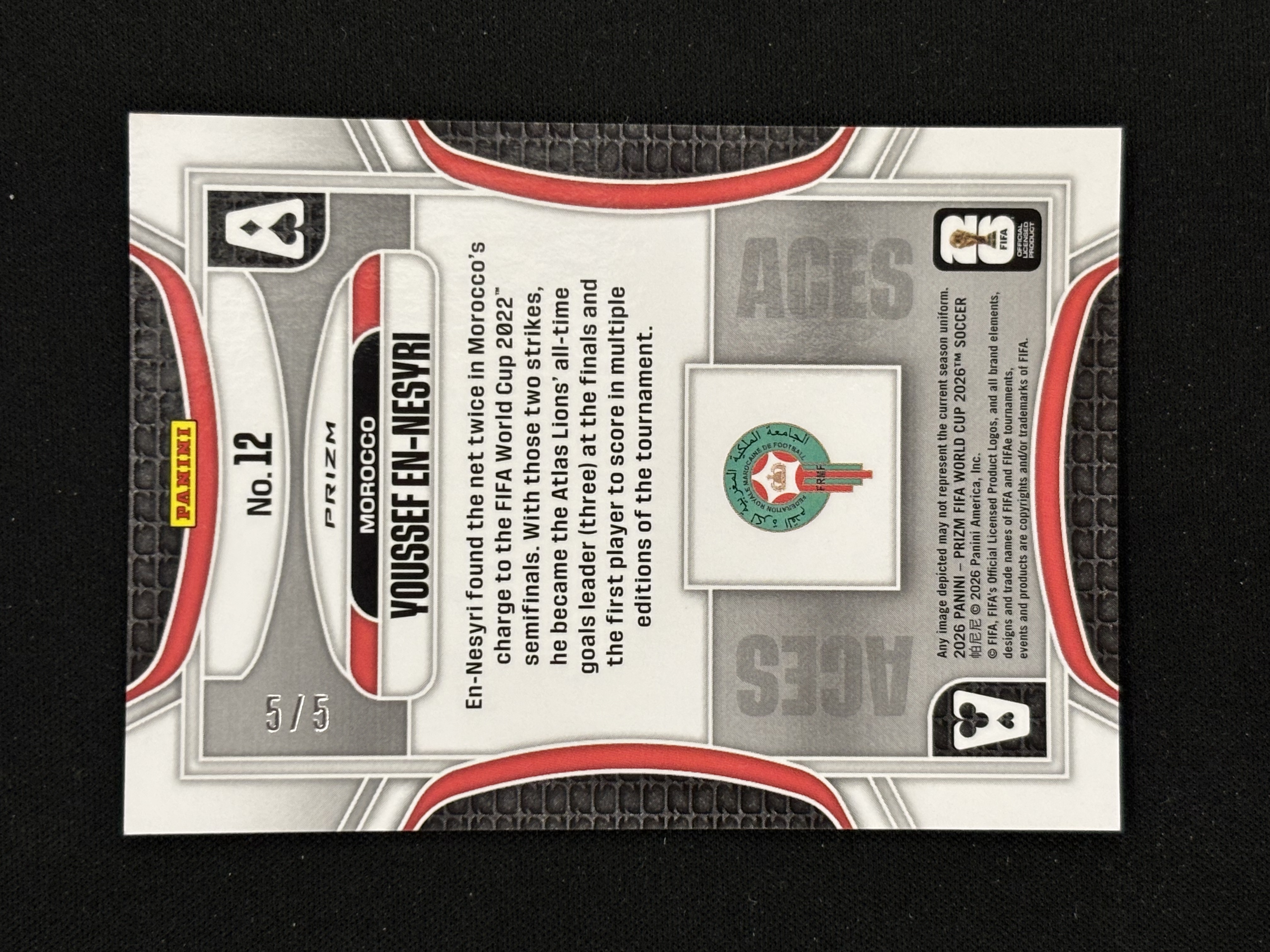 2026 Panini Prizm World Cup Youssef En Nesyri FIFA 世界杯 摩洛哥 恩内斯里 Aces 扑克牌特卡 绿折 5/5编 国际独占 瑕疵如图 - gurke