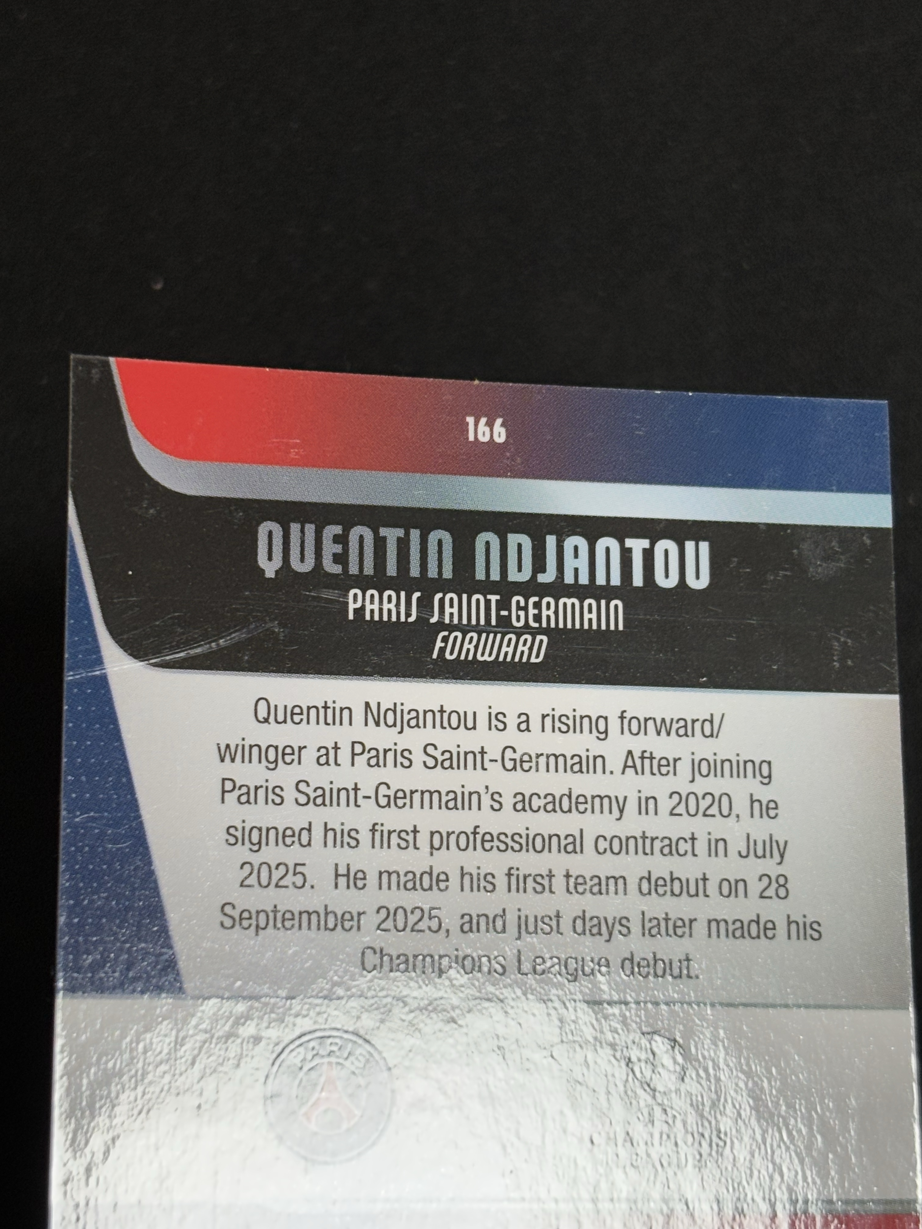 2025-26 Topps Chrome Quentin Ndjantou RC UEFA 欧冠 Sapphire 蓝宝石 巴黎圣日耳曼 昆廷·恩詹图 新秀 绿碎冰折 04/99编 瑕疵如图 -Yin