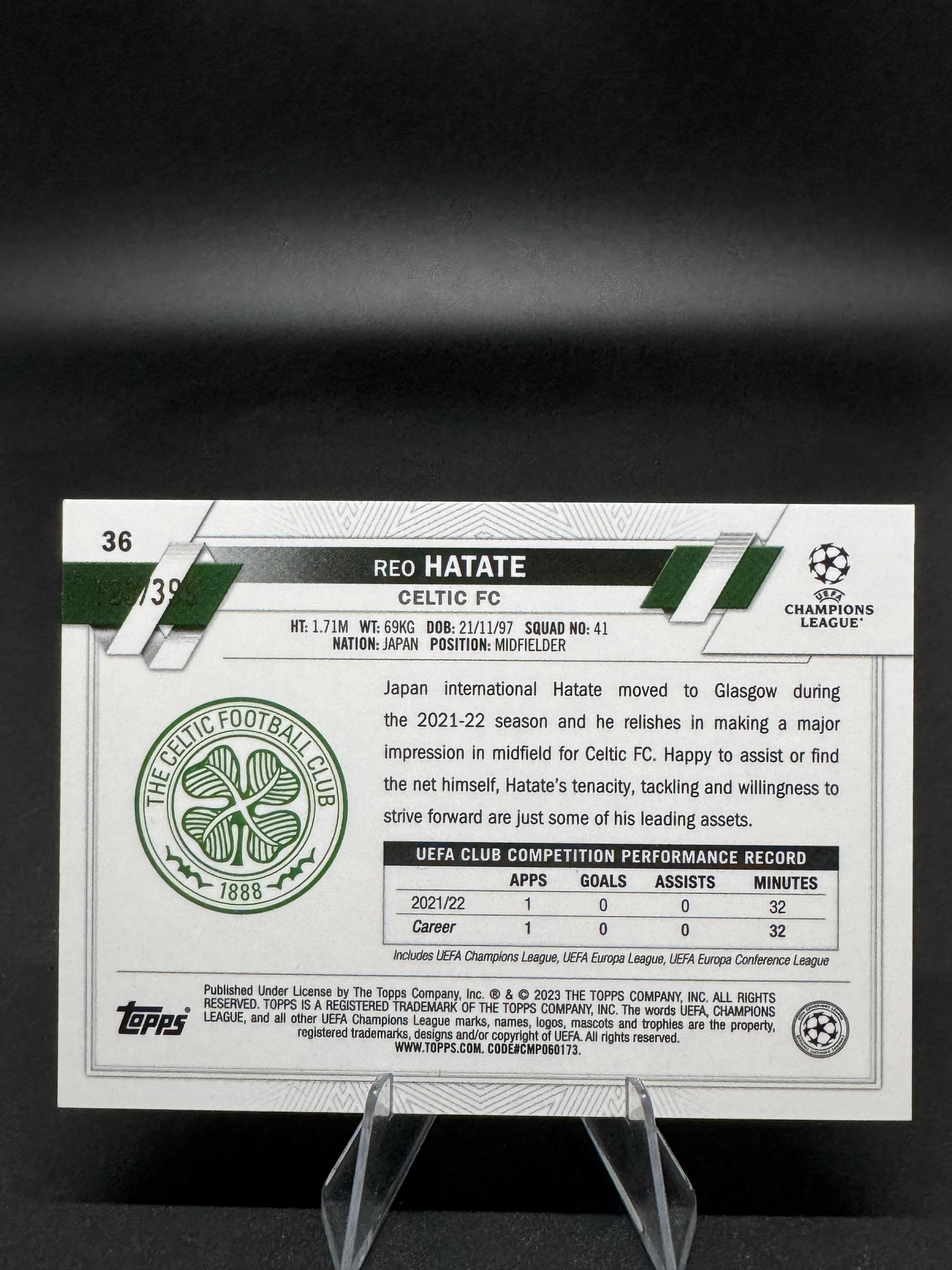 2023 Topps Chrome Reo Hatate 【蓉城拍卖】旗手怜央 凯尔特人 123/399编 欧冠tc 绿棋盘折 收藏必备 赛文