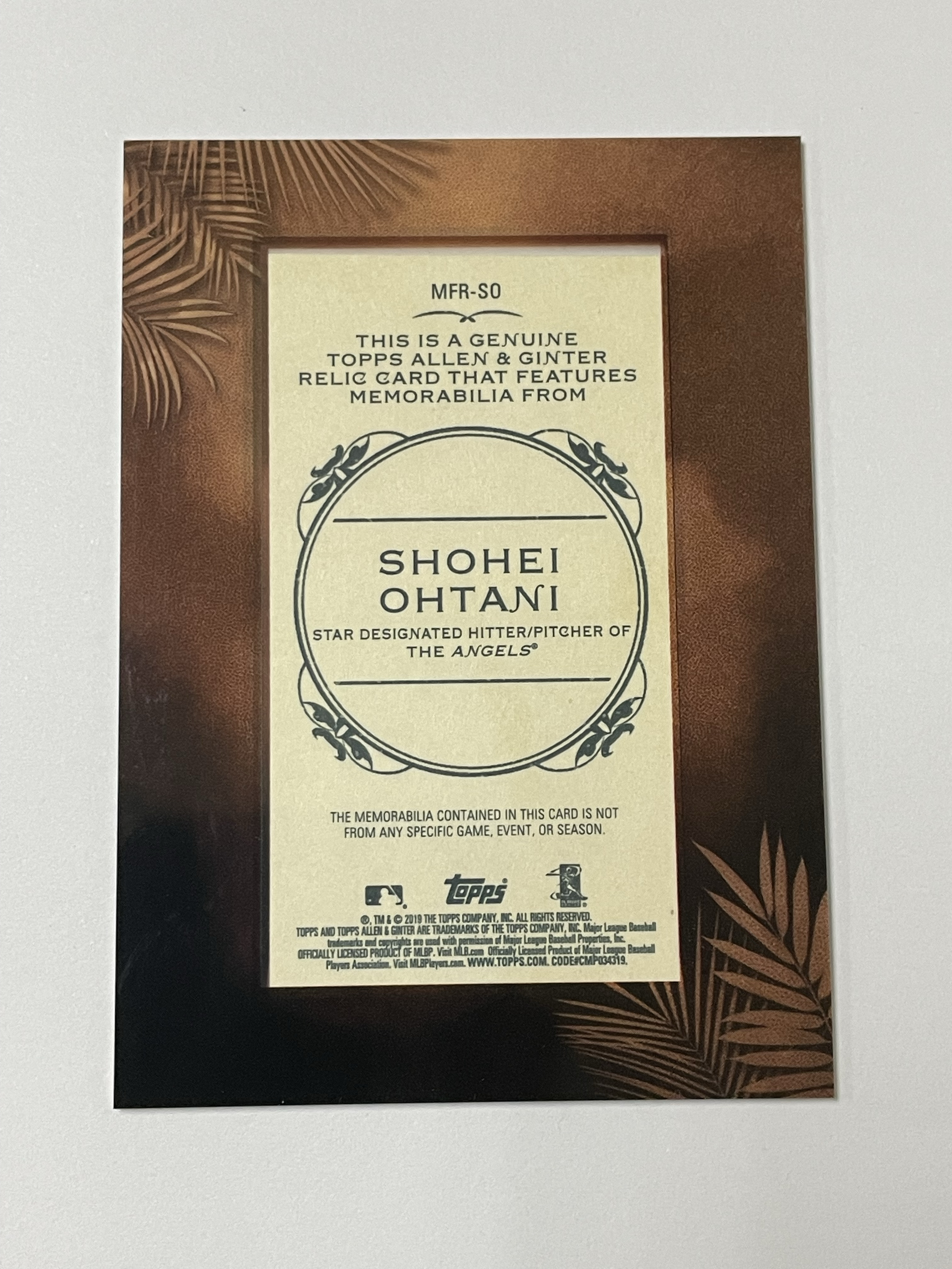 2019 Topps Allen & Ginter Shohei Ohtani 洛杉矶天使 大谷翔平 新秀次年 GU球衣切割