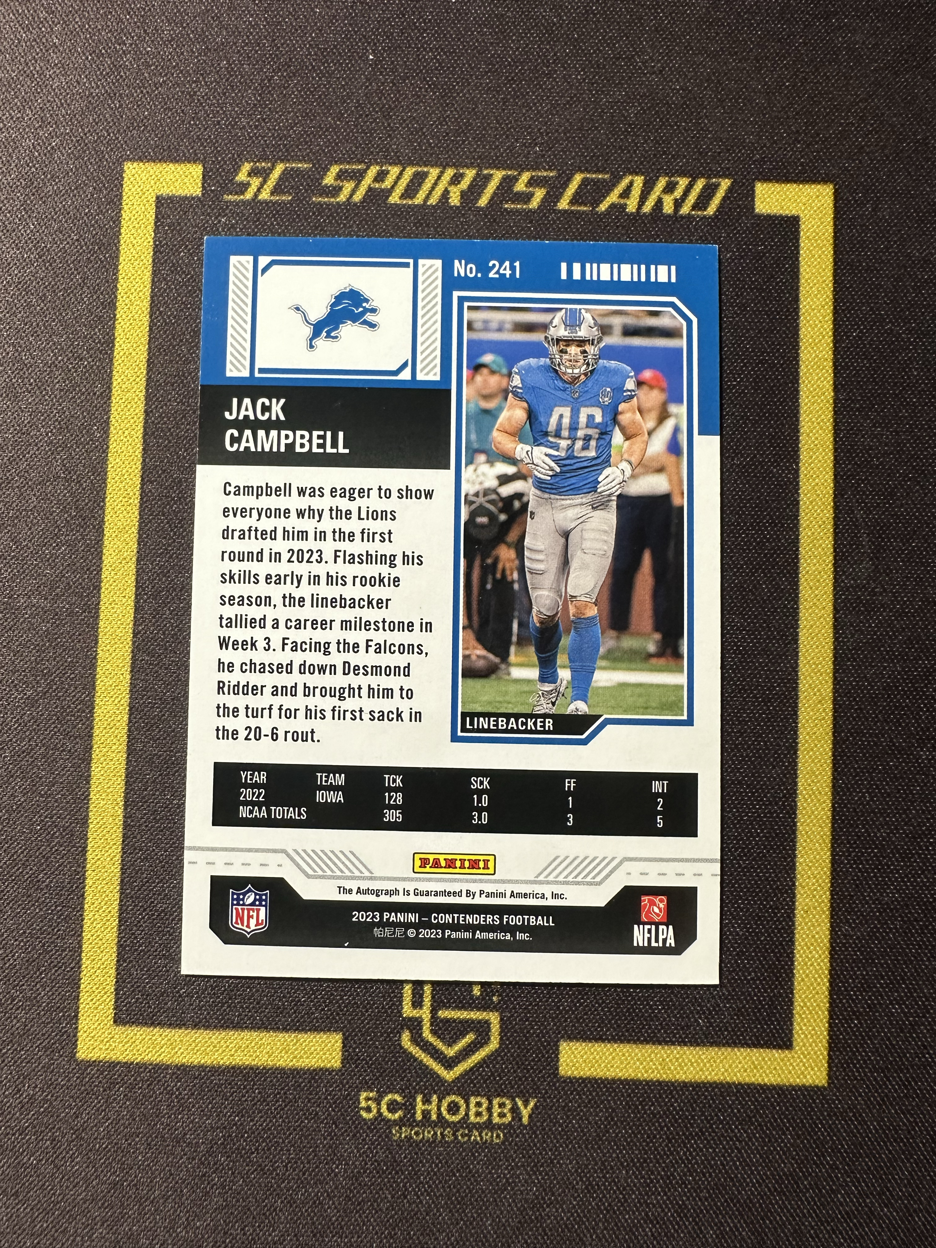 【主演出卡】2023 panini 橄榄球 contenders 球票系列 雄狮队 Jack Campbell 新秀 银折 140/149 球票 签字 卡品如图