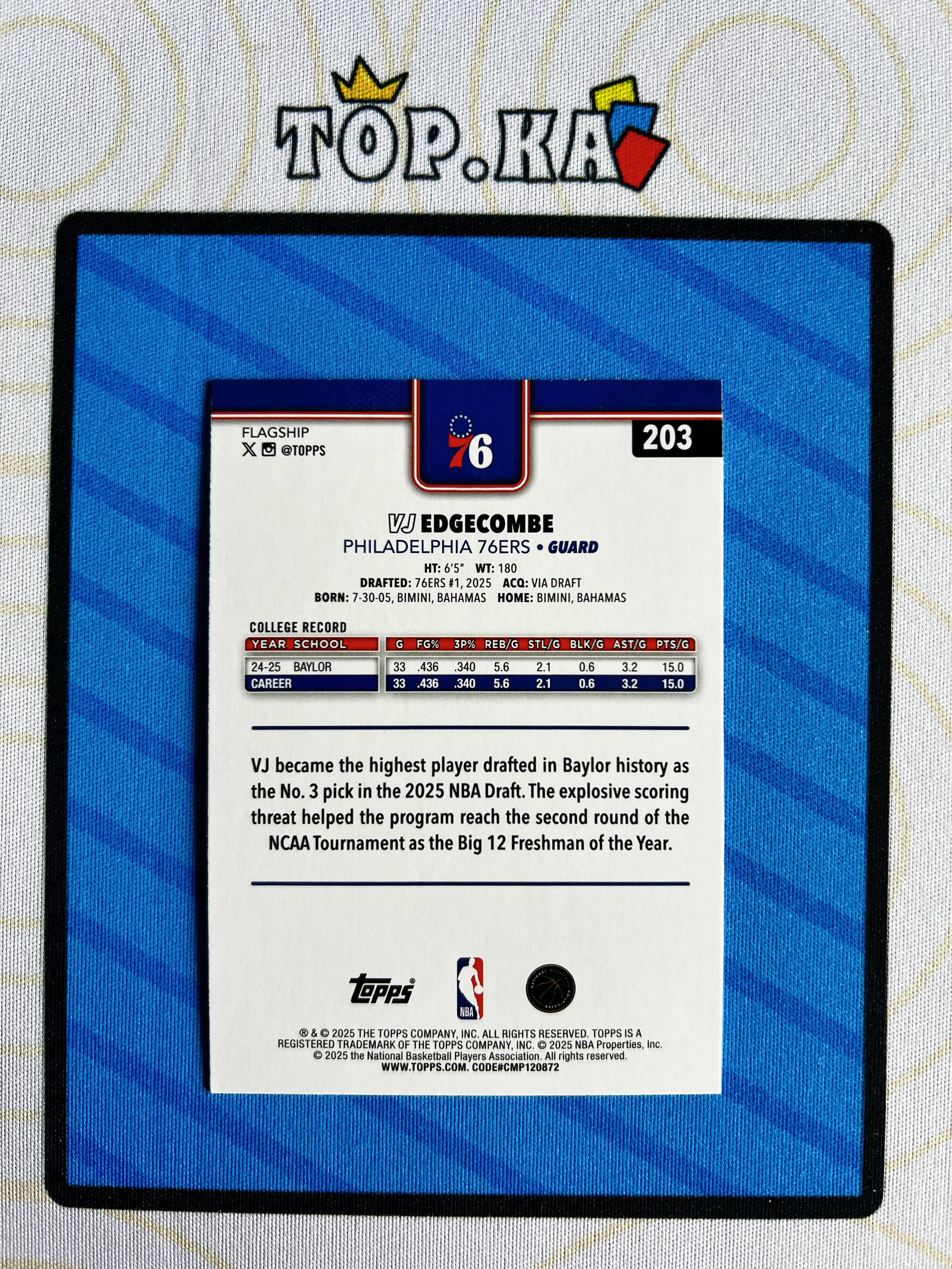 【顶尖卡社】2025-26 Topps Jumbo Valdez VJ Edgecombe Jr RC 费城76人 VJ 埃奇库姆 新秀 25年探花 元年 银折 详情看描述 卡品如图【WHX】