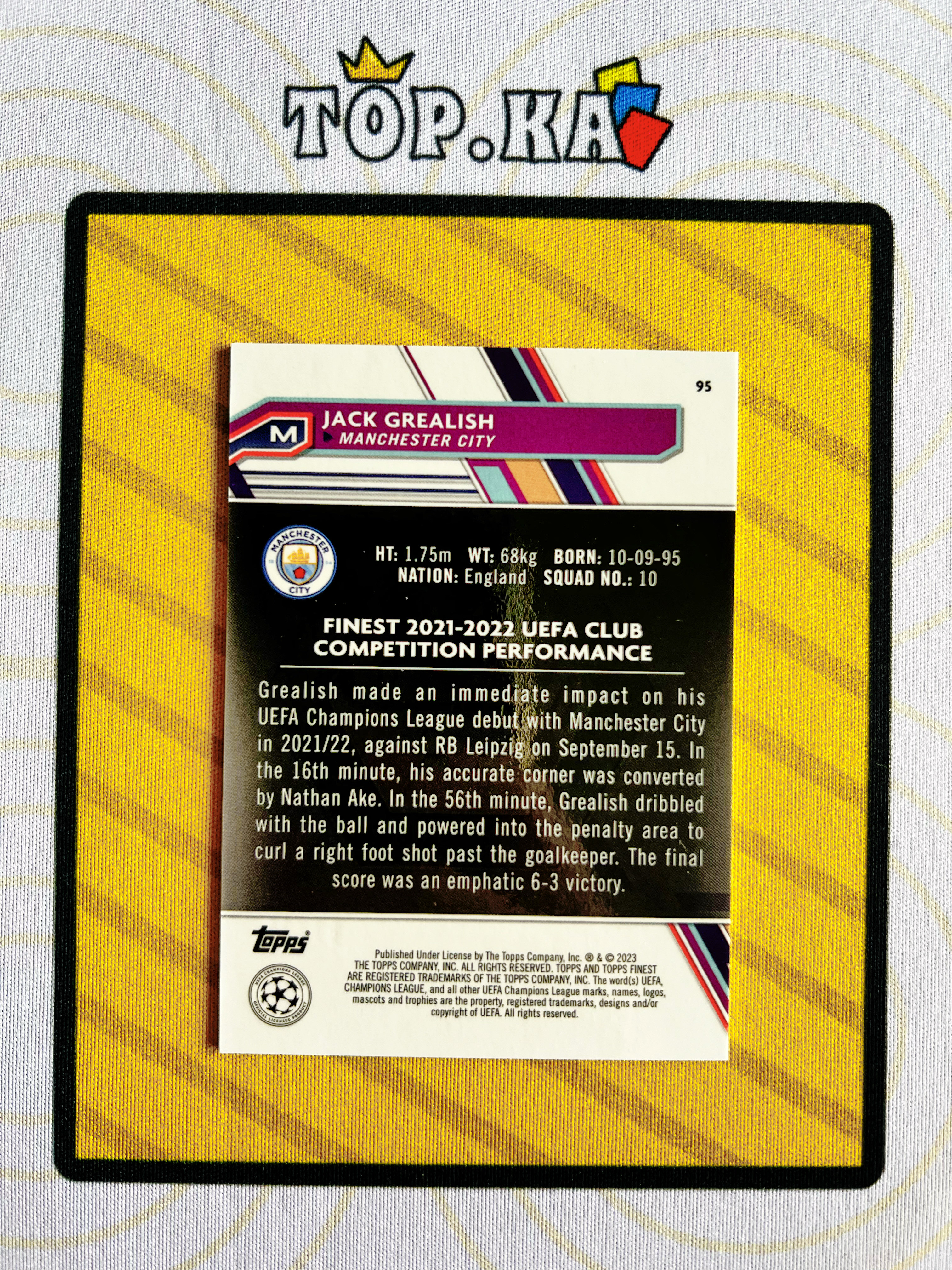 【顶尖卡社】2023 Topps Finest Jack Grealish 欧冠 曼城 格拉利什 玫瑰金折 折射 52/75编 详情看描述 卡品如图【Esc】
