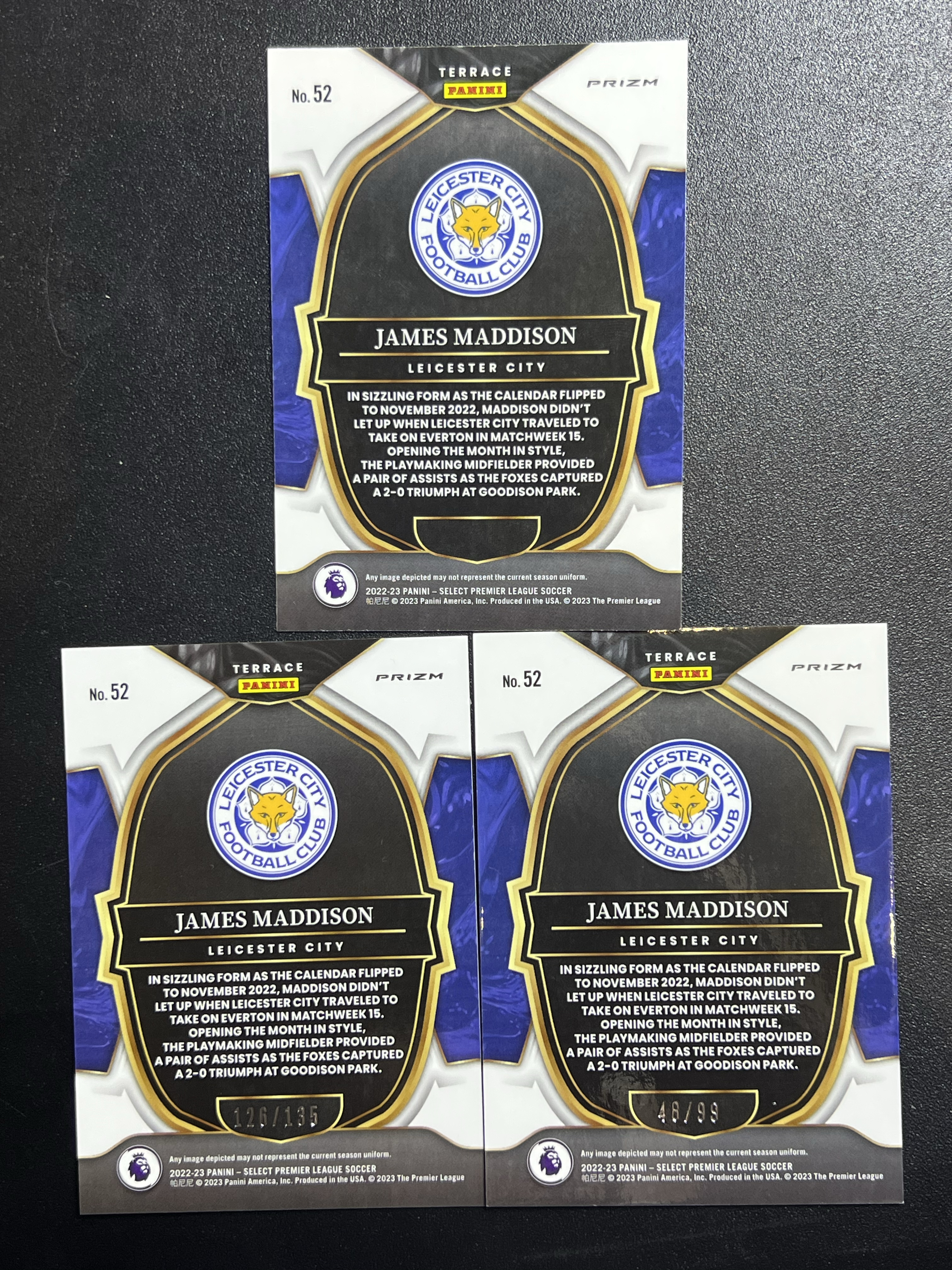 2022-23 Panini select James Maddison 詹姆斯 麦迪逊 莱斯特城 橙折 英超 99编 紫折 135编 绿碎冰 3张打包 lot 李哥 叉叉拍卖