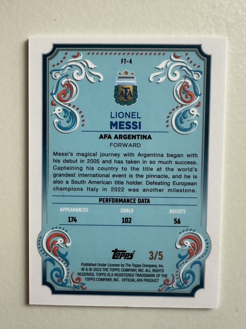 2023 topps 阿根廷队盒 Lionel Messi 菲勒特 阿根廷 梅西 球王 /5编 红折 冠军特卡 卡品见图  收藏必备 实卡巨好看