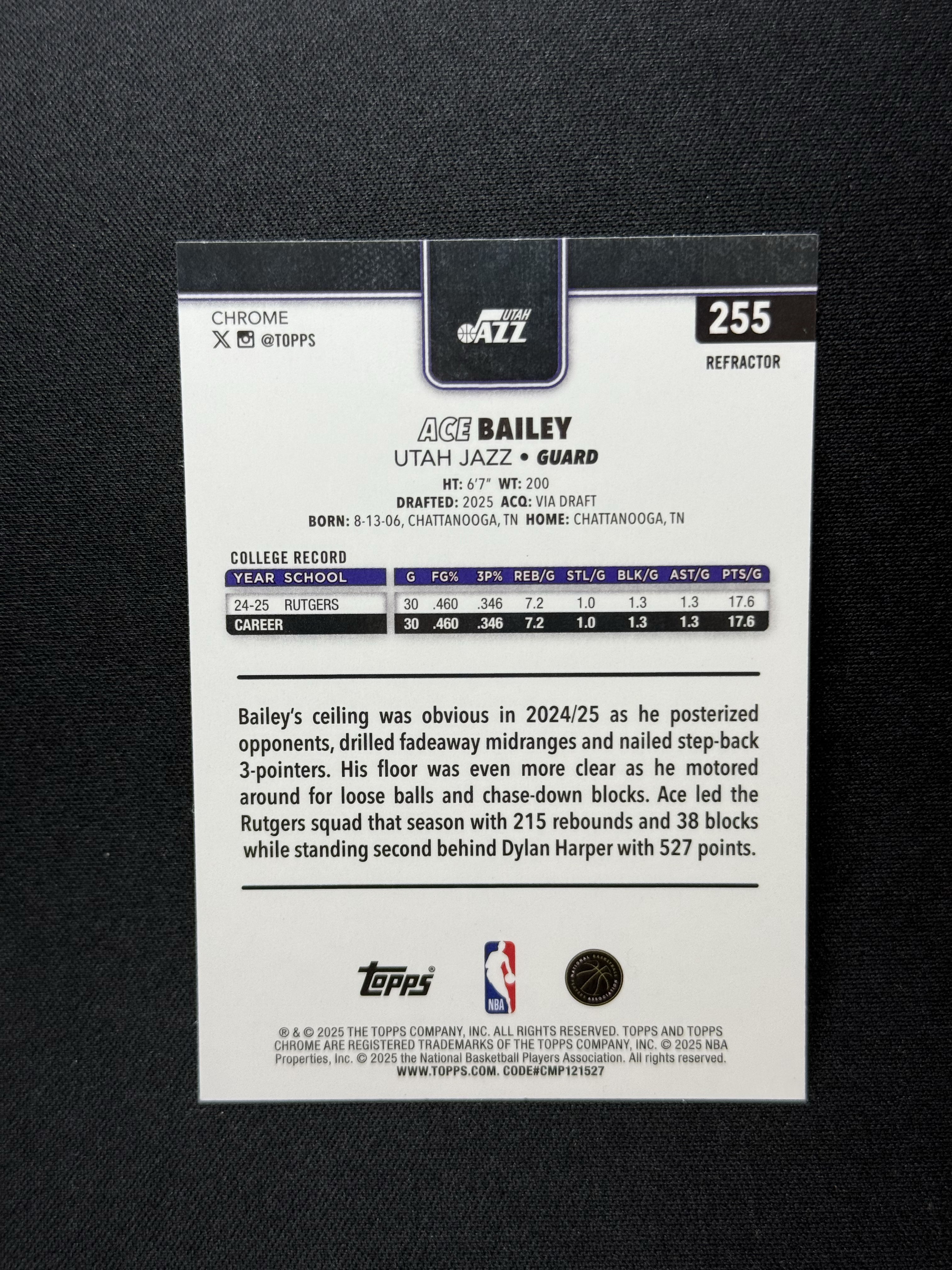 2025-26 Topps Chrome Ace bailey RC 【小贝代拍】Tc 爵士 大热 新秀 埃斯 艾斯 贝利 正银折 瑕疵如图 拍前看描述 H CL