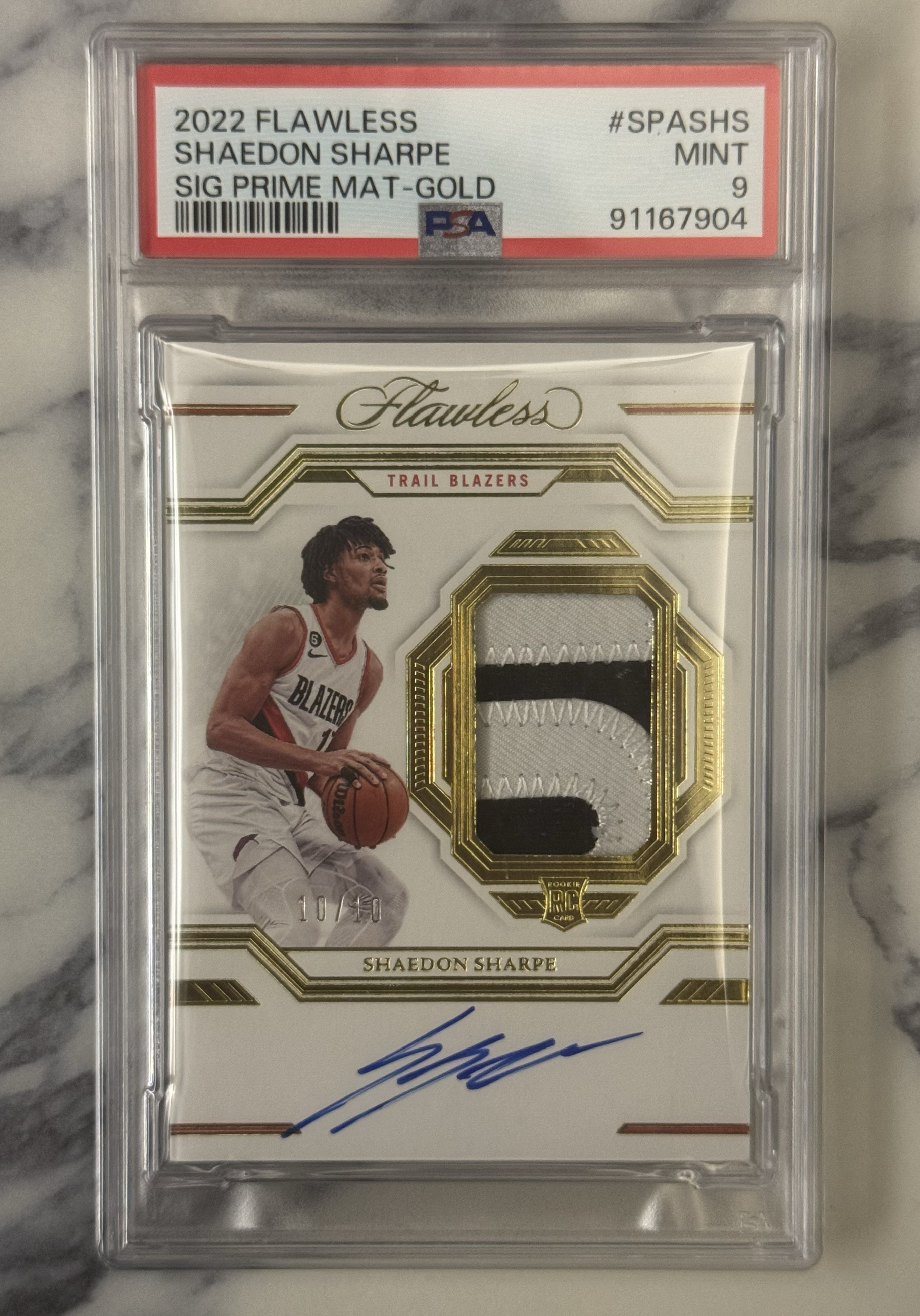 2022-23 Panini Flawless Shaedon Sharpe RC 手提 开拓者 谢登夏普 新秀RC 10/10编 尾编 金折Gold 签字 Patch卡签 RPA PSA评级 杨瀚森