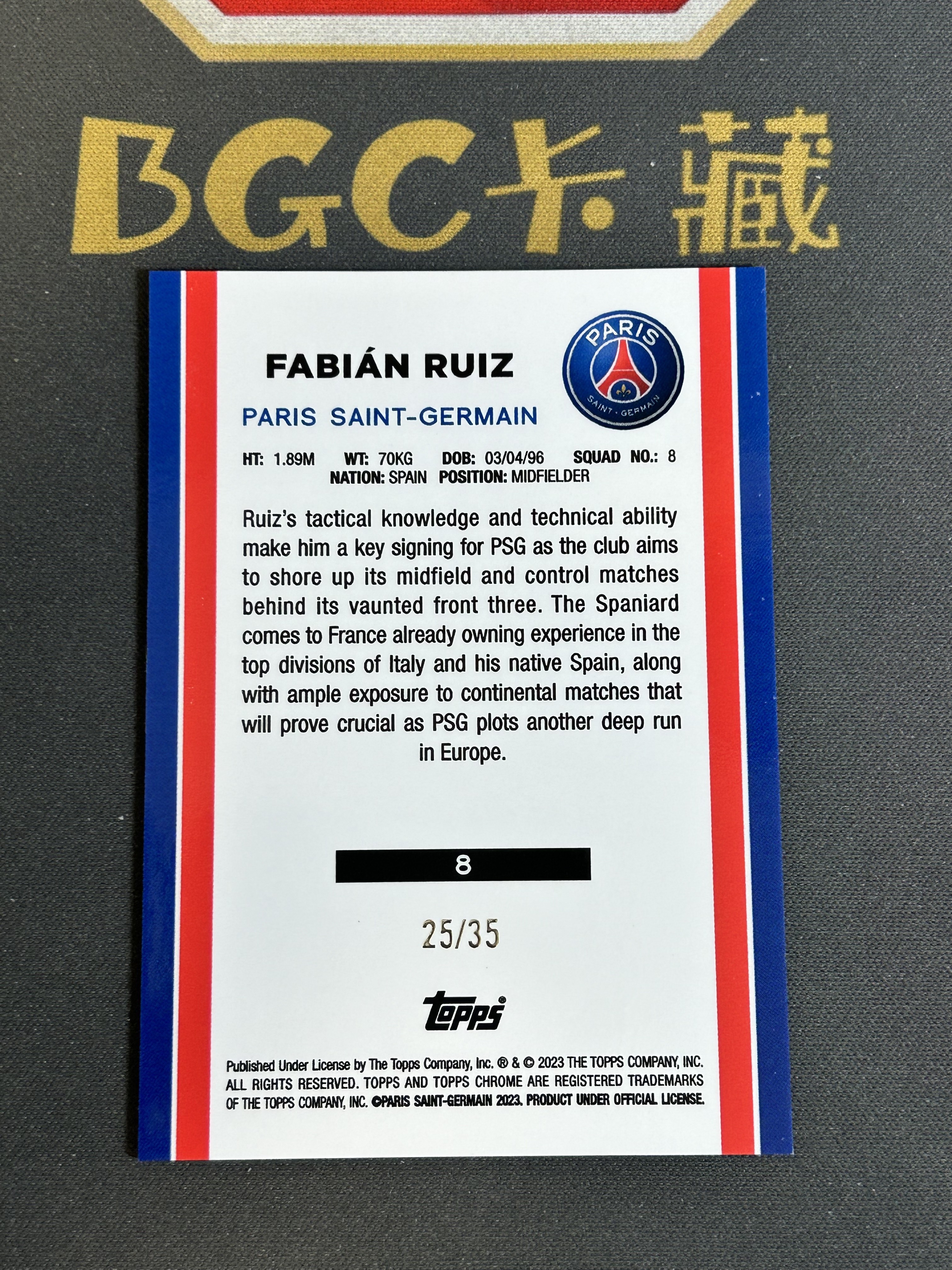 『BGC卡藏』2022-23 Topps Chrome Paris Saint Germain 巴黎圣日耳曼 高端队盒 西班牙 Fabian Ruiz 鲁伊兹 蓝折 25/35 卡品如图 ZY