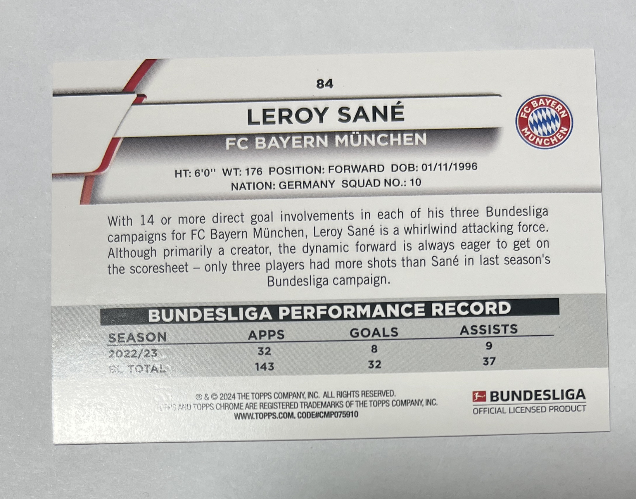 2024 Topps Chrome Leroy Sane 拜仁 萨内 199编 新春折 碧玉折 折射 德甲 卡品如图