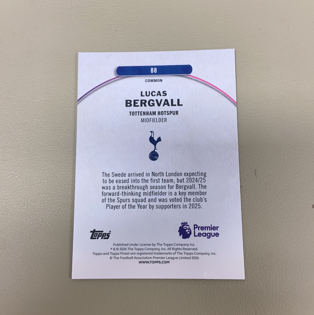 【小牛代拍】2025-26 Topps Finest lucas bergvall 贝利瓦尔 热刺 英超 黑折 一级 黑白格子折 棋盘折 38/60编 卡品如图(polo)