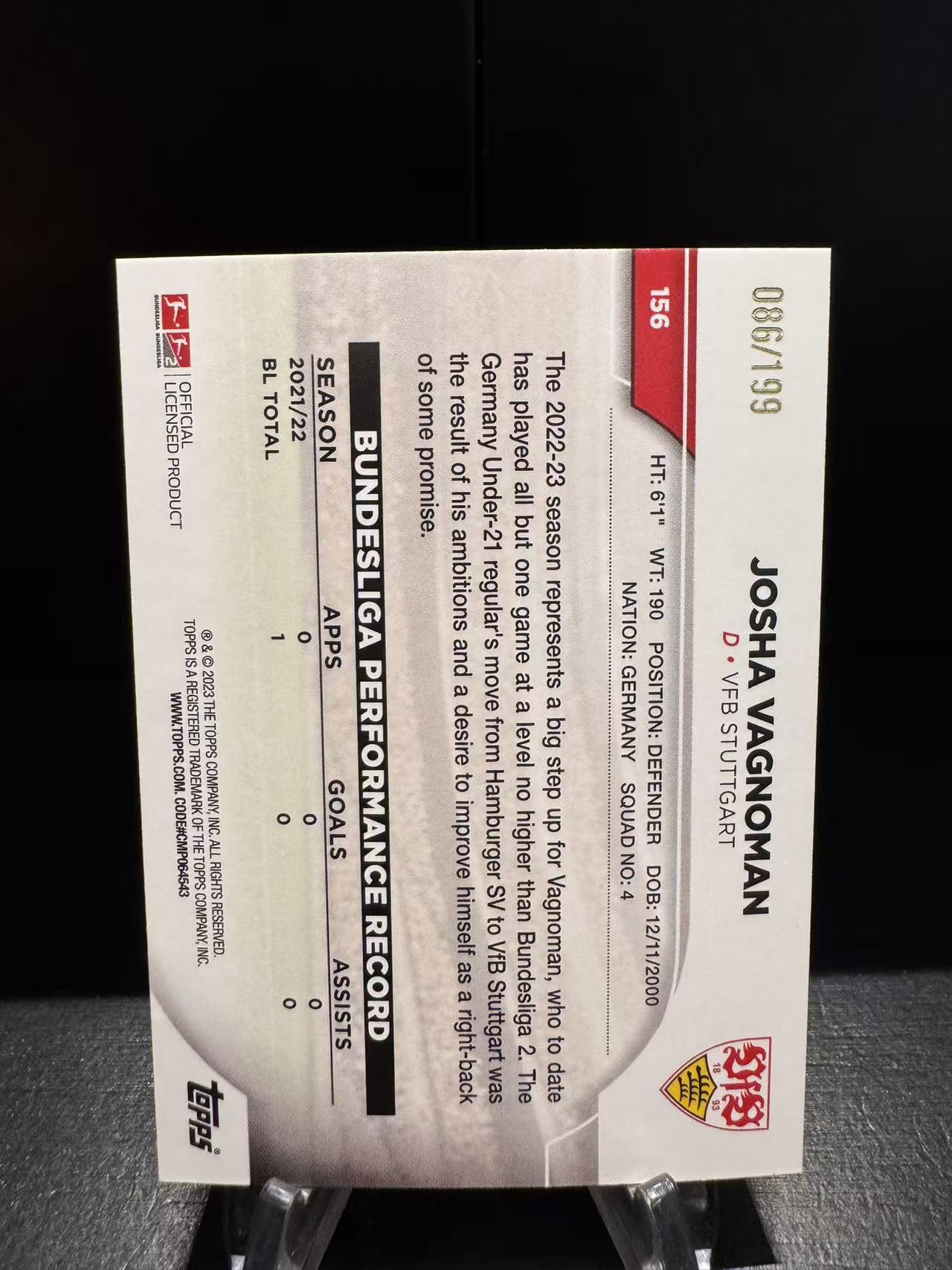 龖2023-24 Topps UCC Josha Vagnoman RC 约沙 瓦格诺曼 新秀 德国 斯图加特 德甲 碧玉 086/199编 新春折 卡品如图 MJ002l