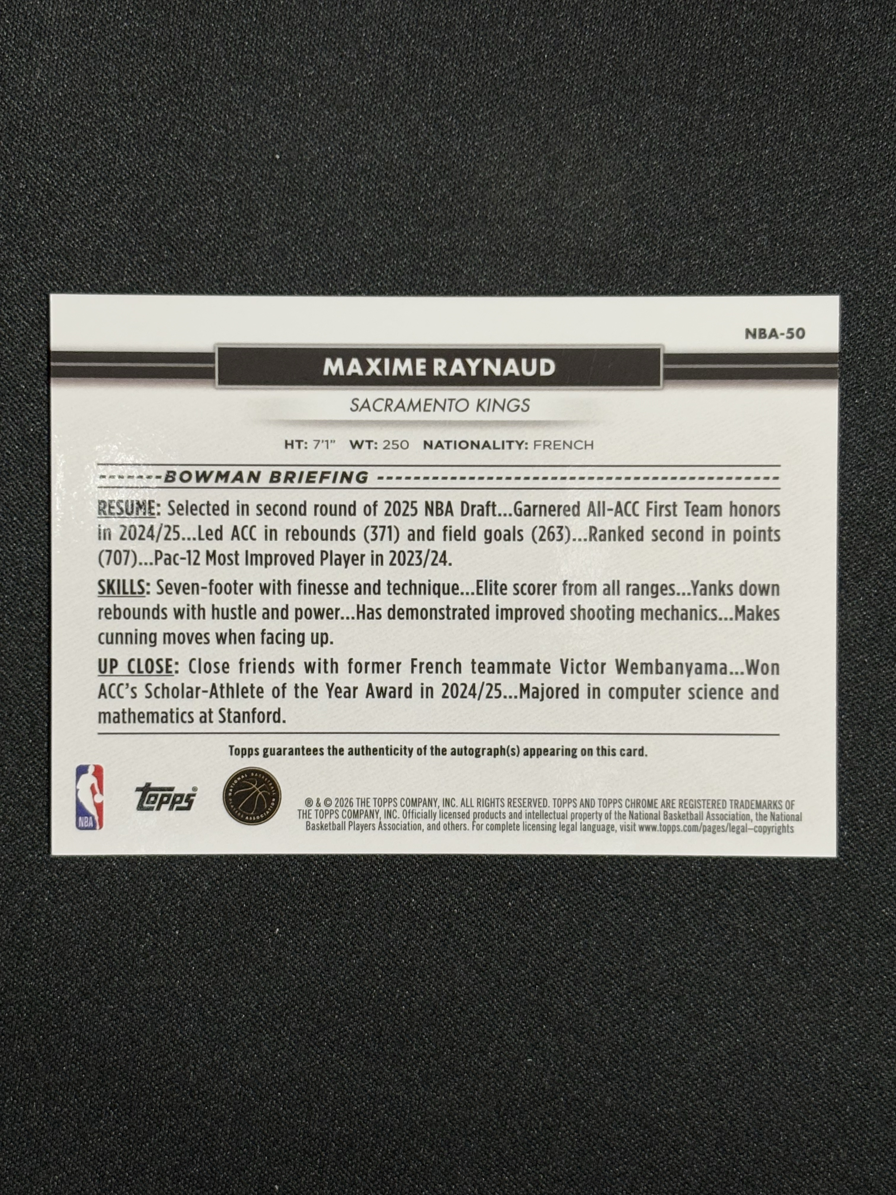 2026 Topps NSCC 国展 Maxime Raynaud RC 马克西姆 雷诺 新秀 国王 签字 黑折 04/10编 瑕疵如图 - sj