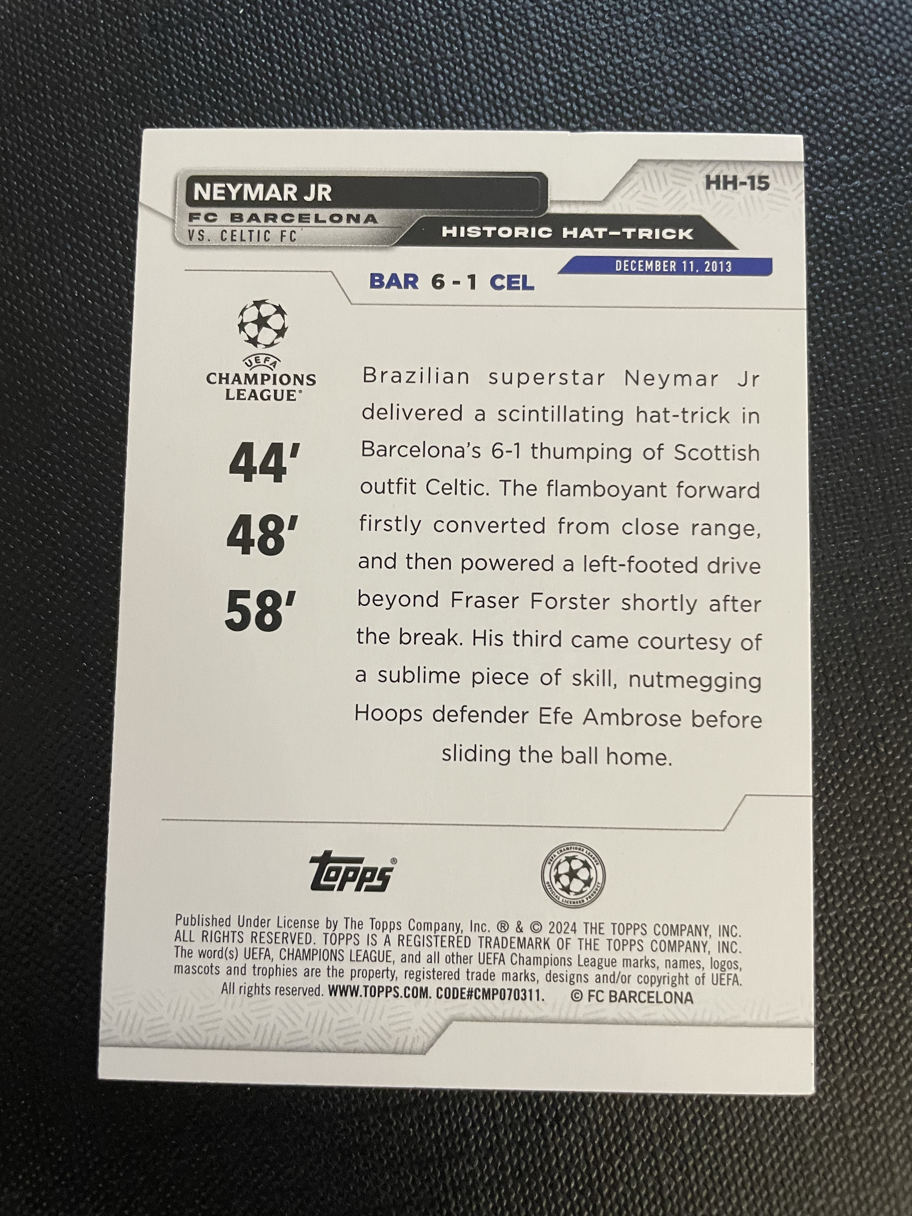 2024 Topps UCC Neymar Jr. 【hellfire拍卖】topps UCC欧冠系列 巴萨 巴西 内马尔 帽子戏法特卡 jjj