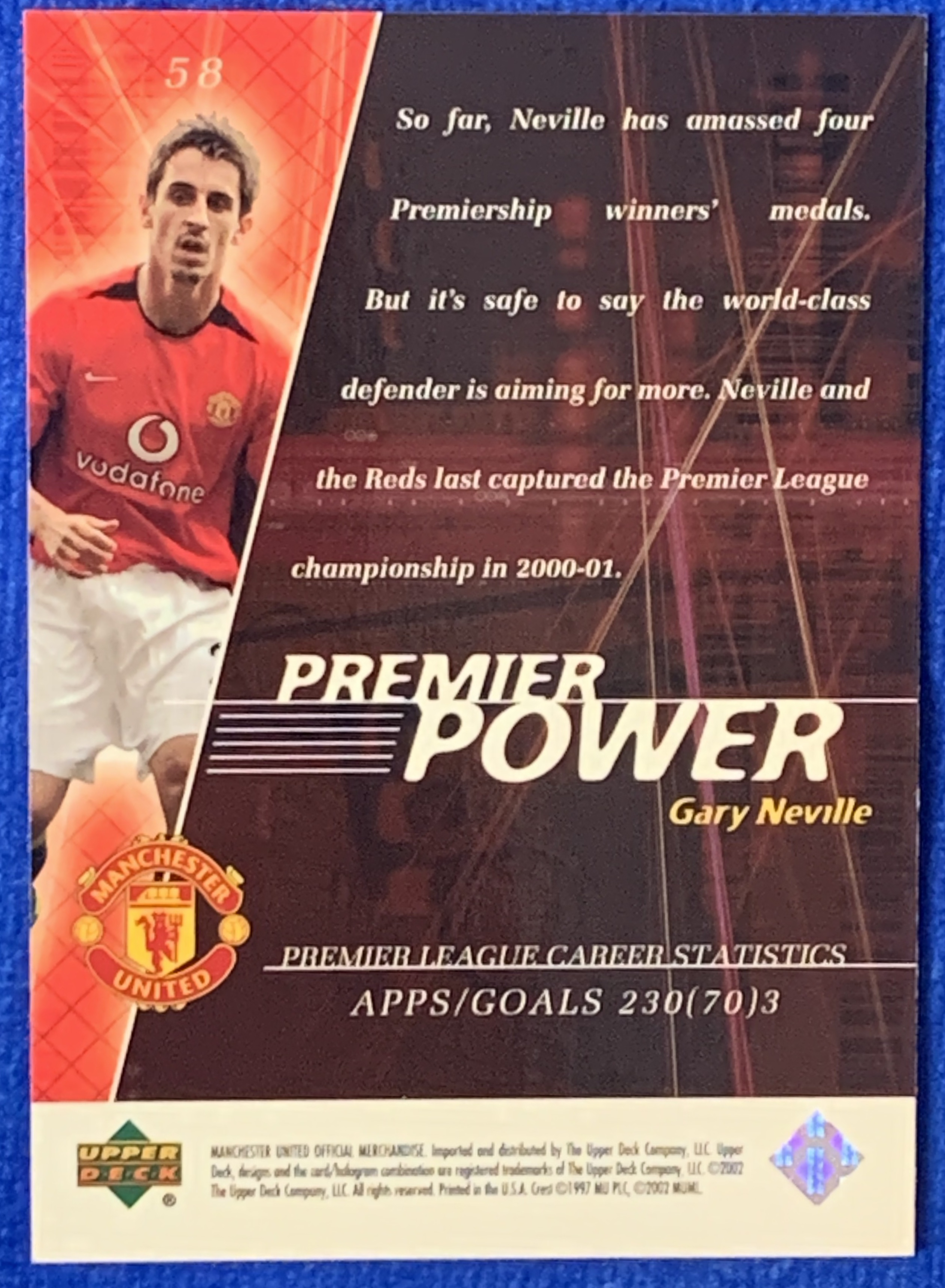 2002 Upper Deck Manchester United Gary Neville 亚德英超力量特卡 曼联 加里内维尔 92班 三冠王 英格兰England 经典老卡 不保卡品 ebay有价