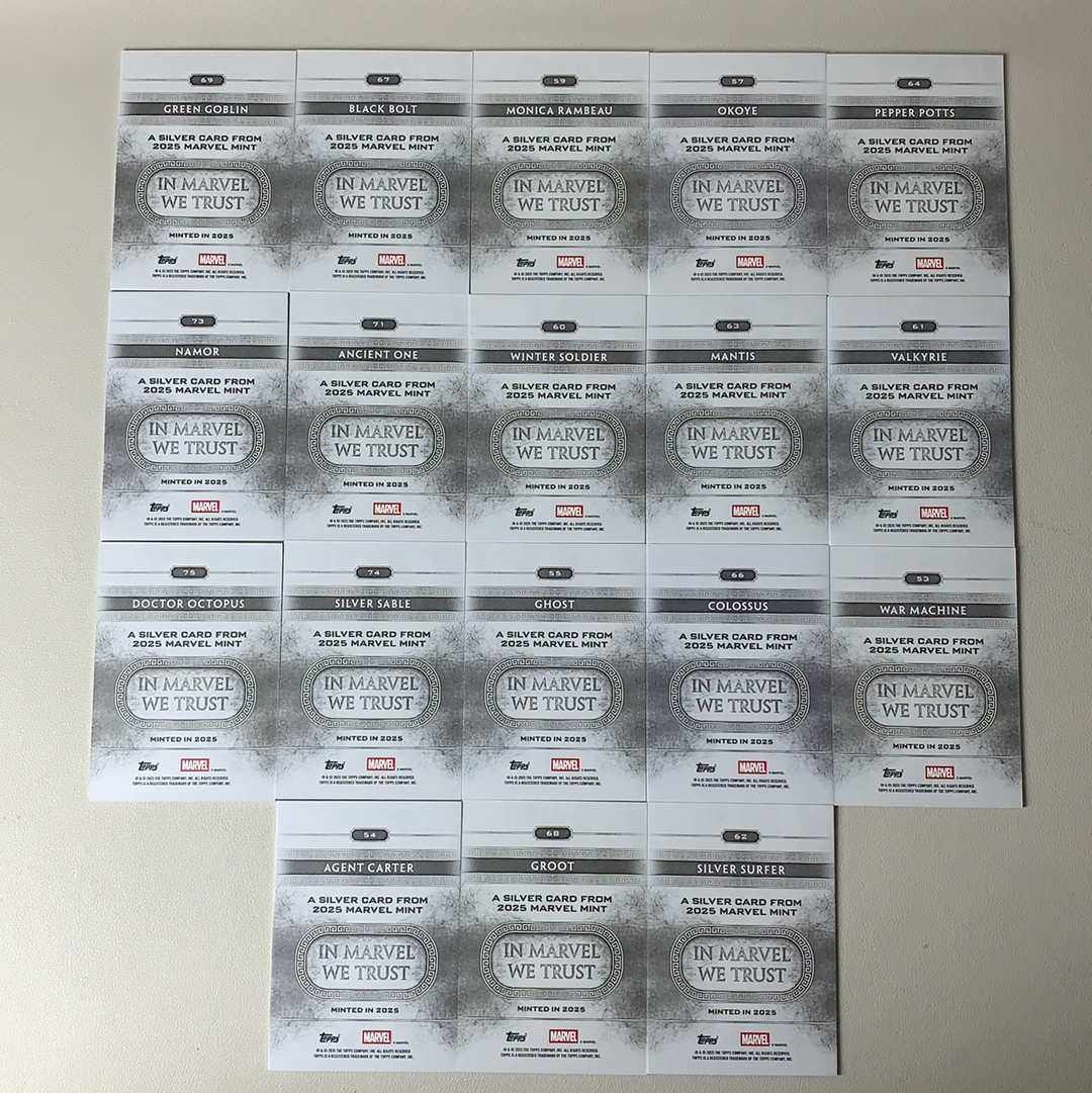 【弈卡代拍】2025 Topps Marvel (MCU)漫威 Minted盒 银折 折射 银平行 螳螂女 纳摩 章鱼博士 钢力士 格鲁特等 18张 打包 品相如图 凑套必备 一一
