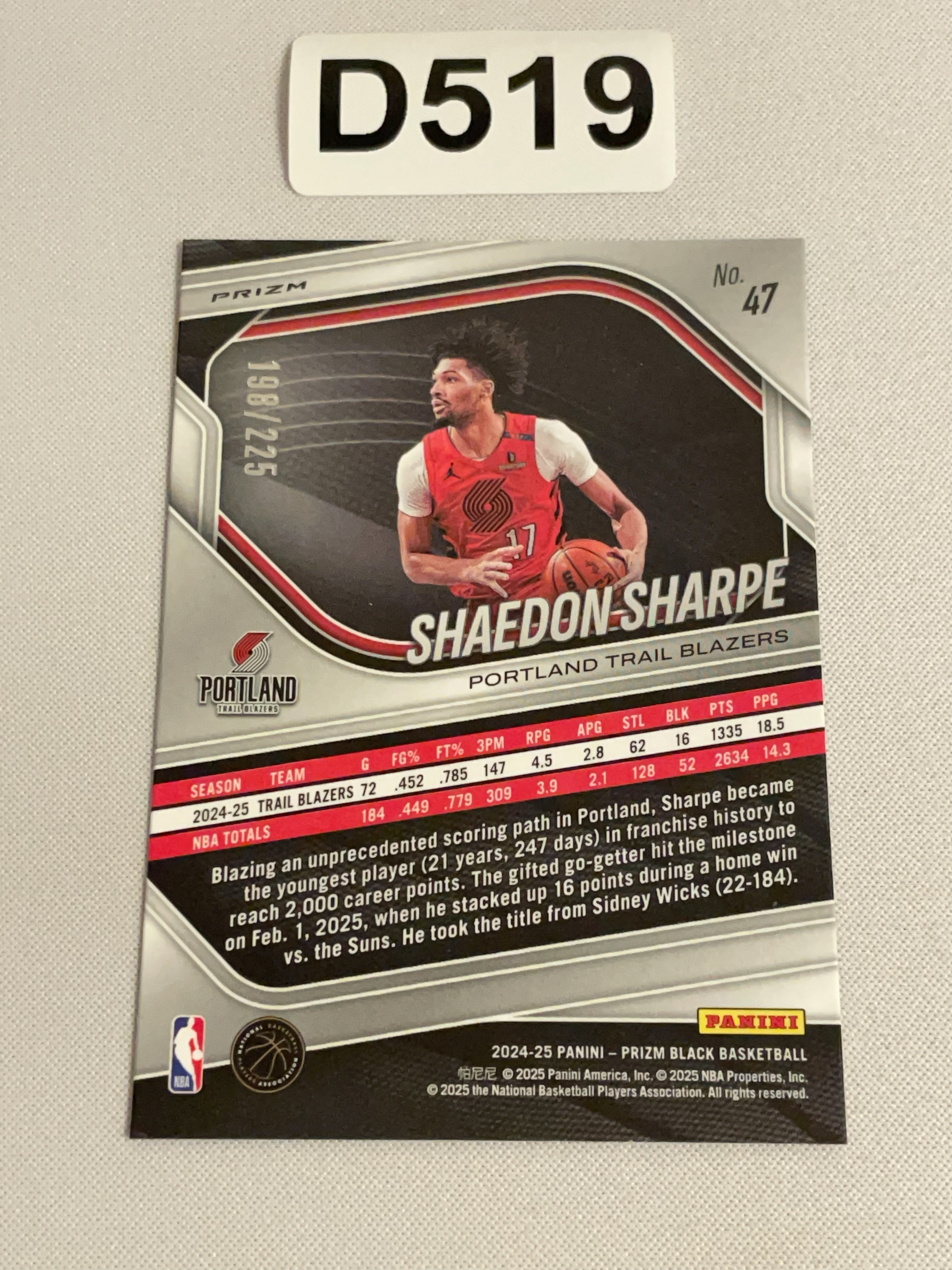 【天龙球星卡】WTX 2024-25 PRIZM BLACK 开拓者 谢登夏普 225编球皮折 198/225