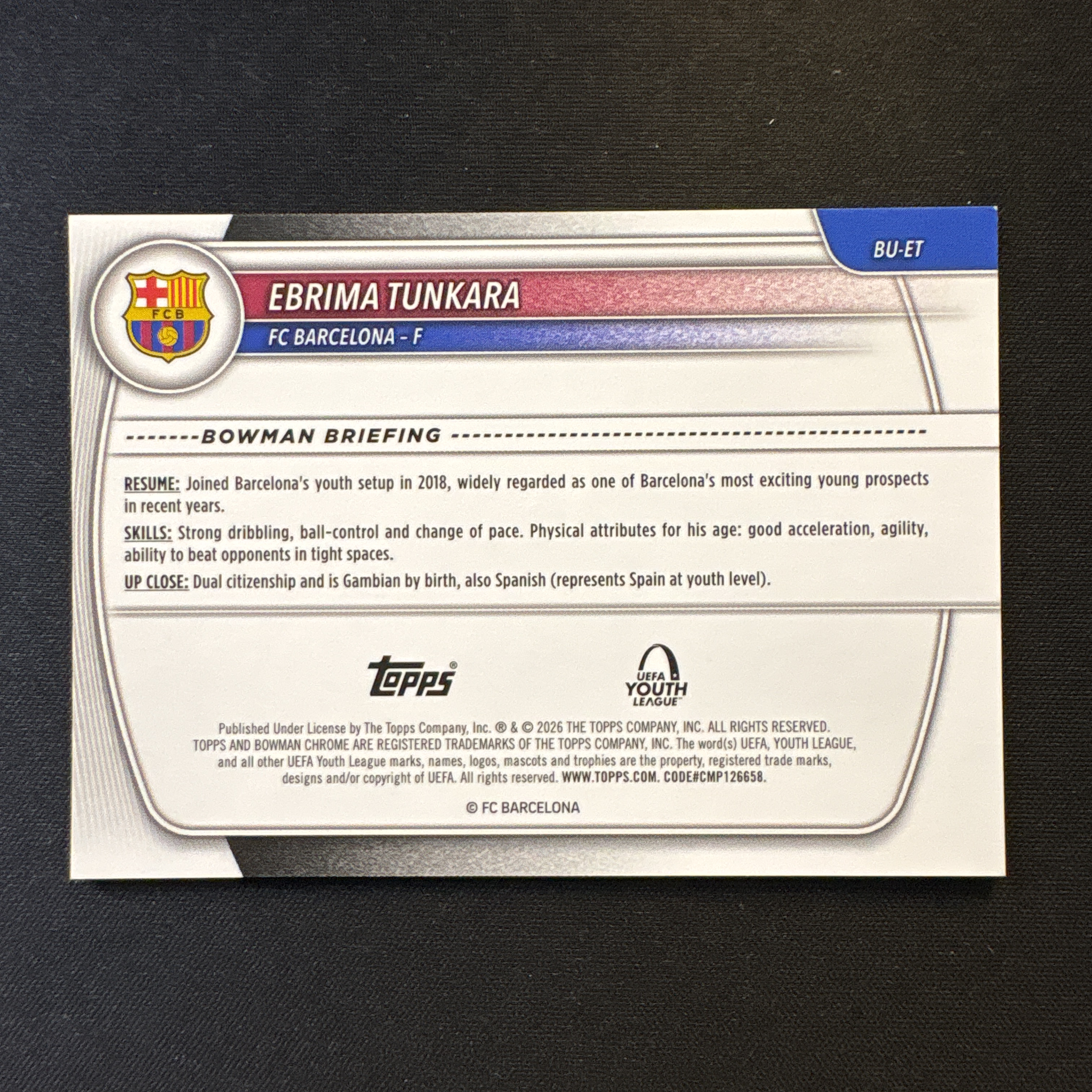 2026 Topps Chrome Bowman Ebrima Tunkara 【爆爆代卖】埃布里马 通卡拉 1st首秀 欧青赛 银折 折射 巴萨 西甲 伍 Base 专收必备 卡品如图 #靓星