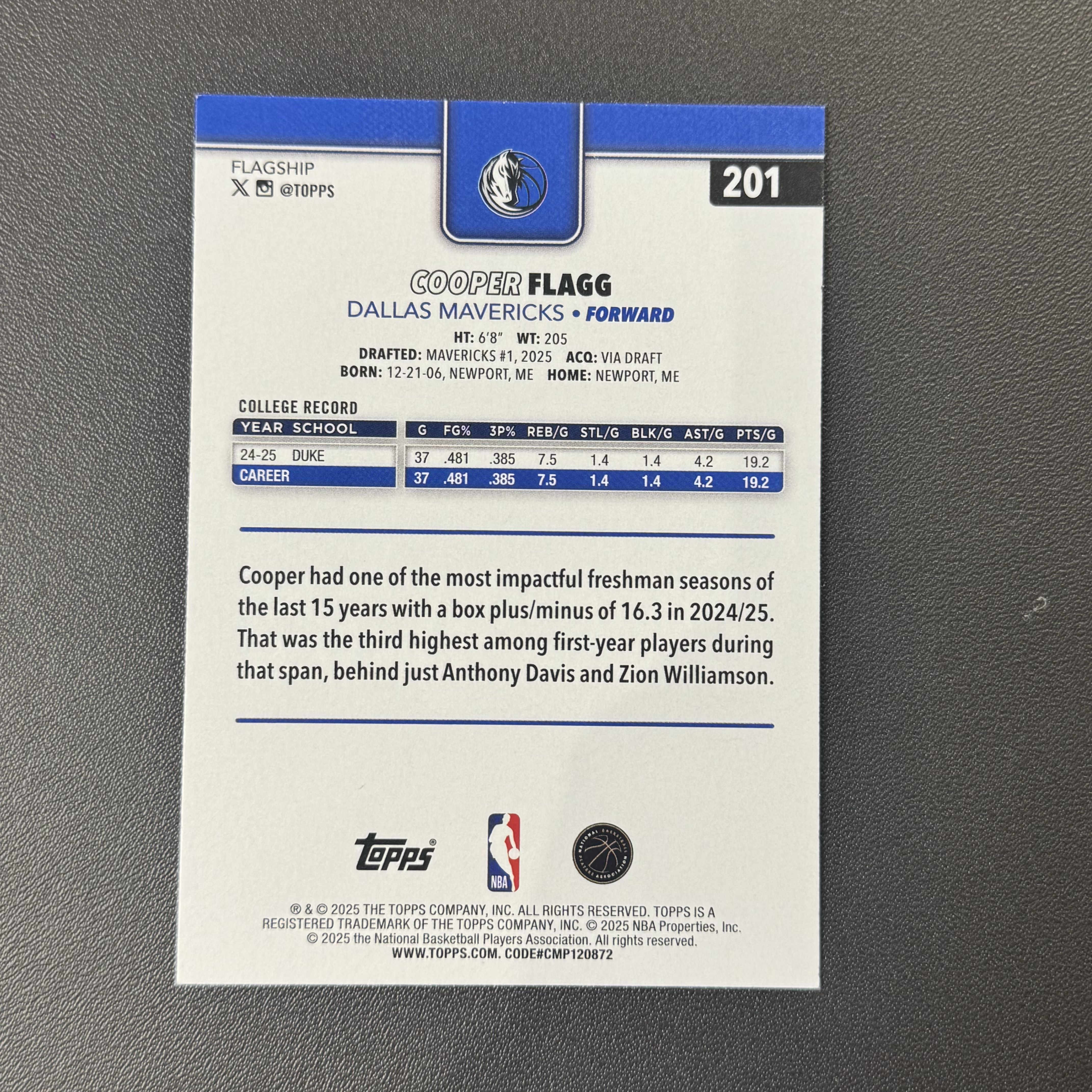 2025-26 Topps flagship Cooper Flagg RC 【猴猴旺卡】独行侠 库珀 弗拉格 新秀 普卡 #201 卡品如图 接代拍 12a 【WZX】