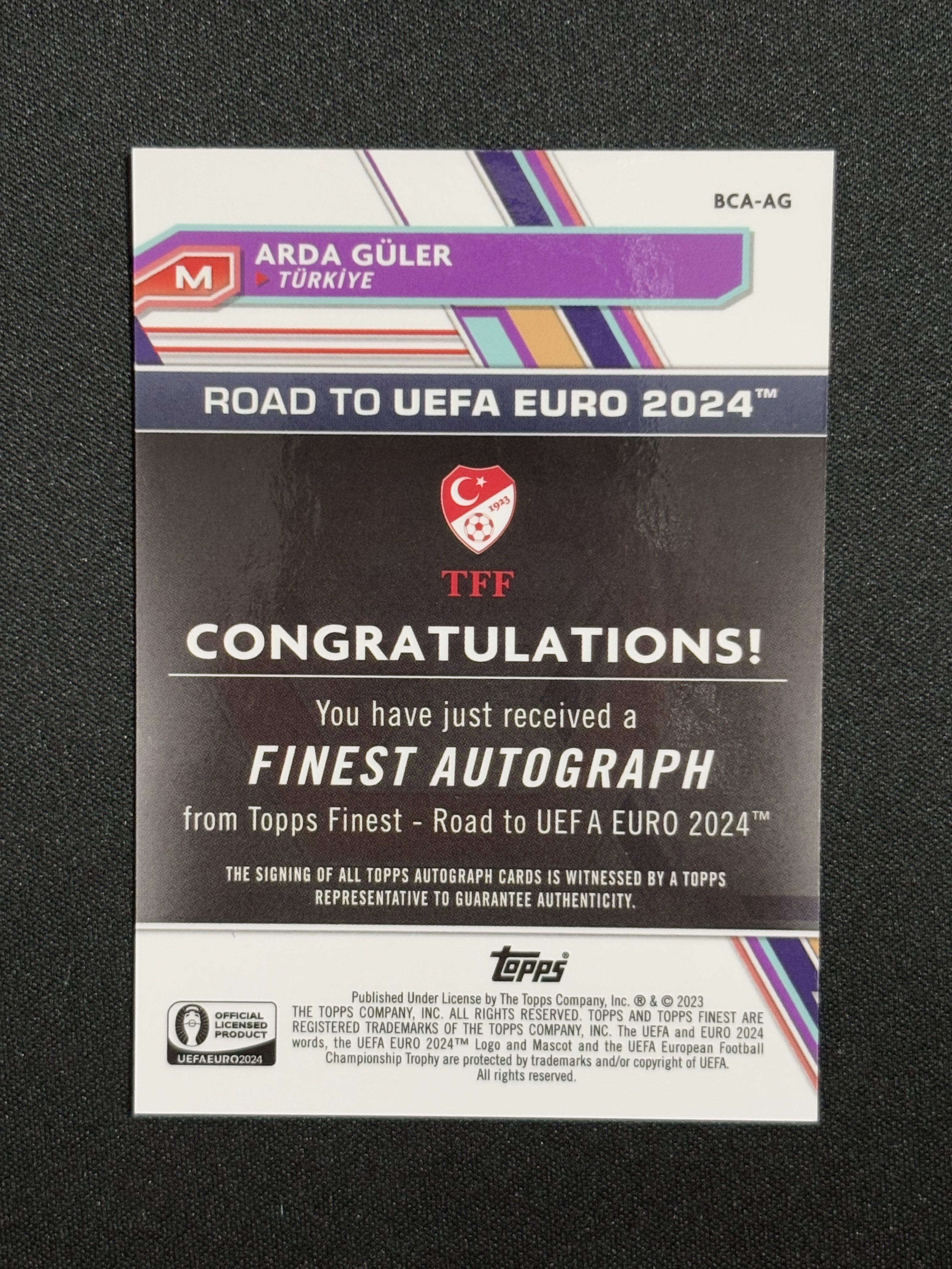 2024 Topps Finest Arda Güler 欧洲杯之路 土耳其 阿达尔 居莱尔 Debut 首秀 签字 绿波纹折 /99编 瑕疵如图 - FJames