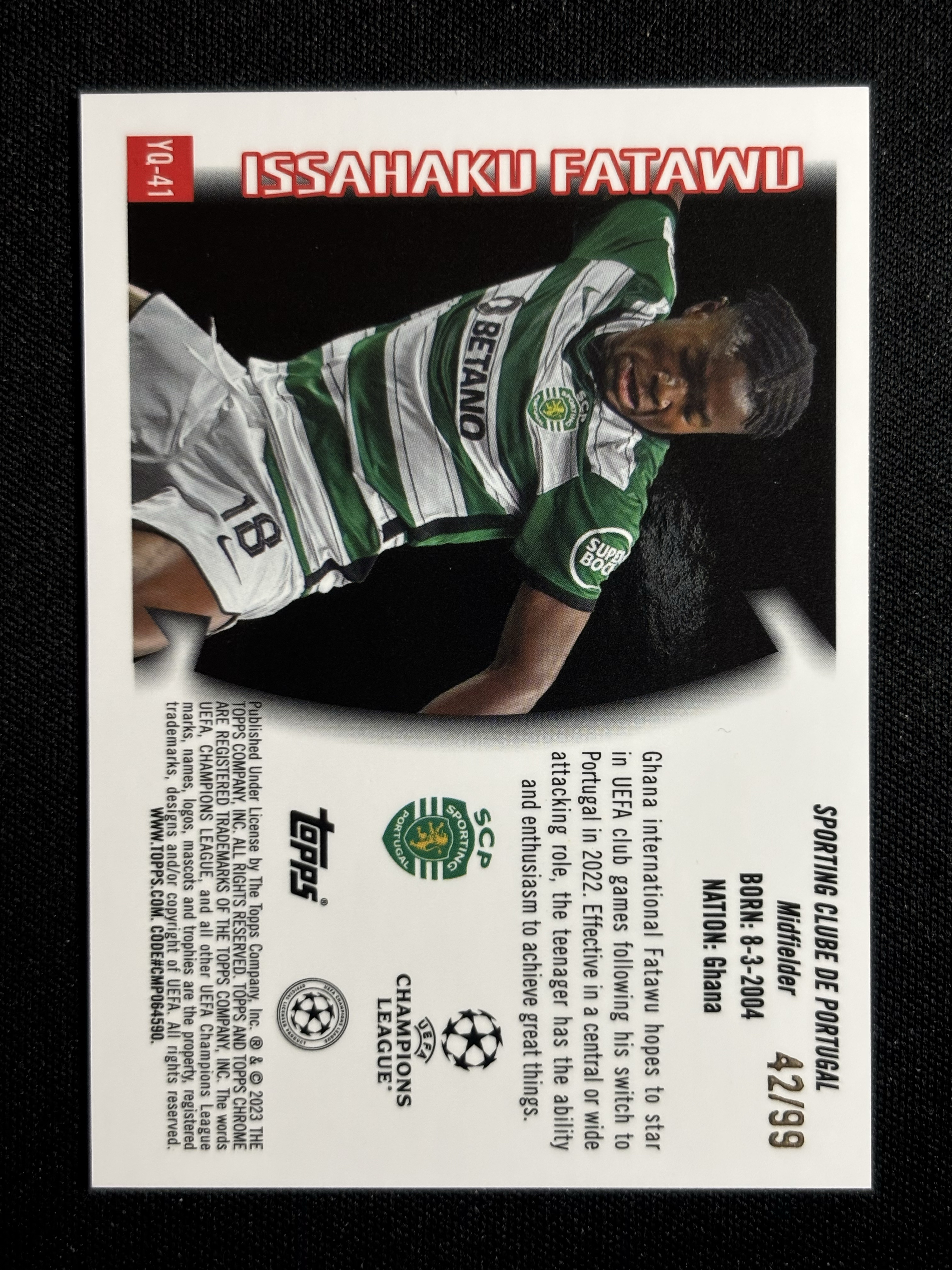 2022-23 Topps Chrome Issahaku Fatawu RC 「墨色拍卖」欧战TC 葡萄牙体育 法塔乌 42/99 绿折 Youthquake 特卡 卡品如图 BCML