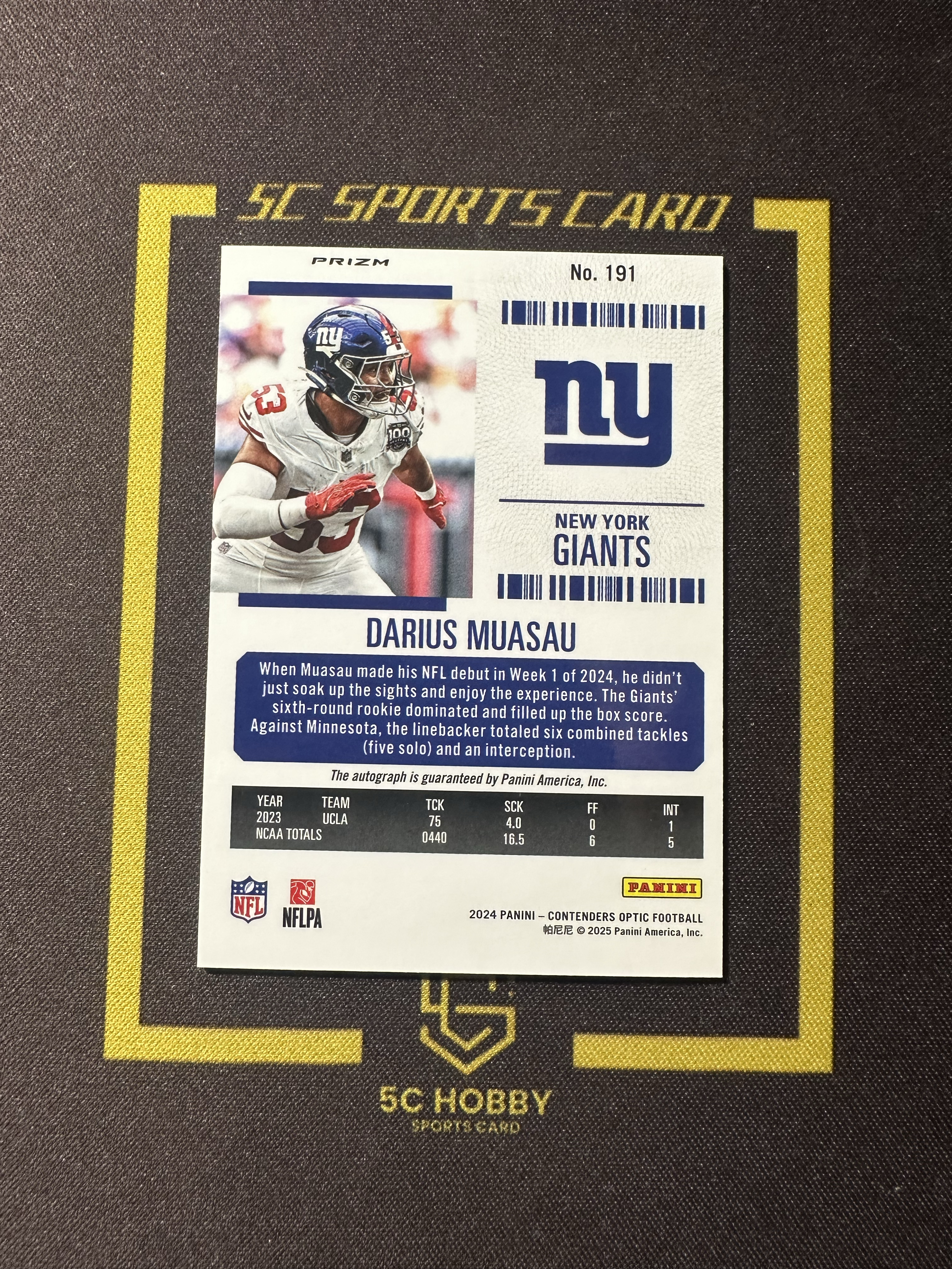 【主演出卡】2024 panini 橄榄球 contender optic 球票 OP 巨人队 Darius Muasau 新秀RC 银折签字 卡品如图