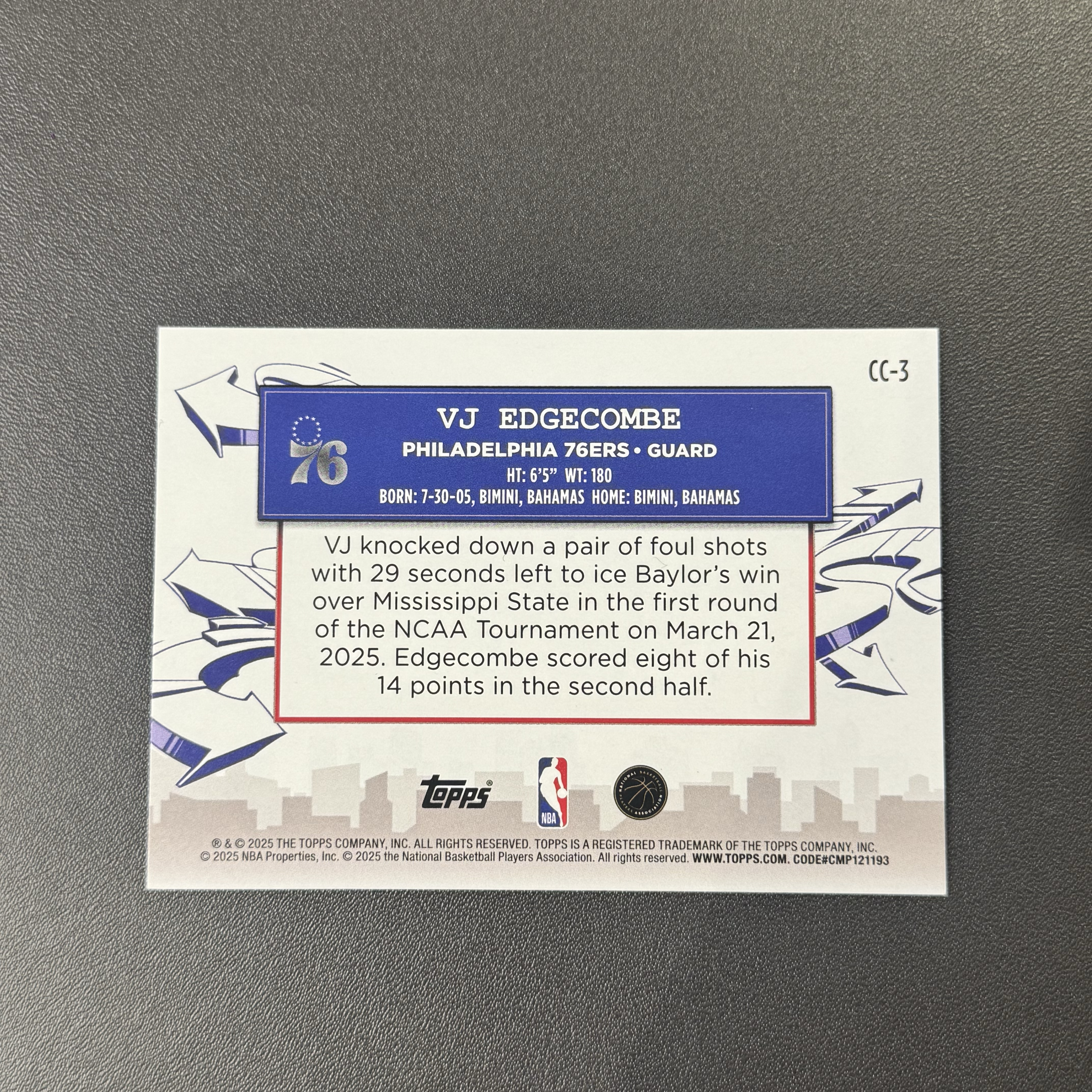 2025-26 Topps flagship Valdez VJ Edgecombe Jr RC 【猴猴旺卡】76人 VJ 埃奇库姆 城市特卡 卡品如图 接代拍 12a 【WXZ】