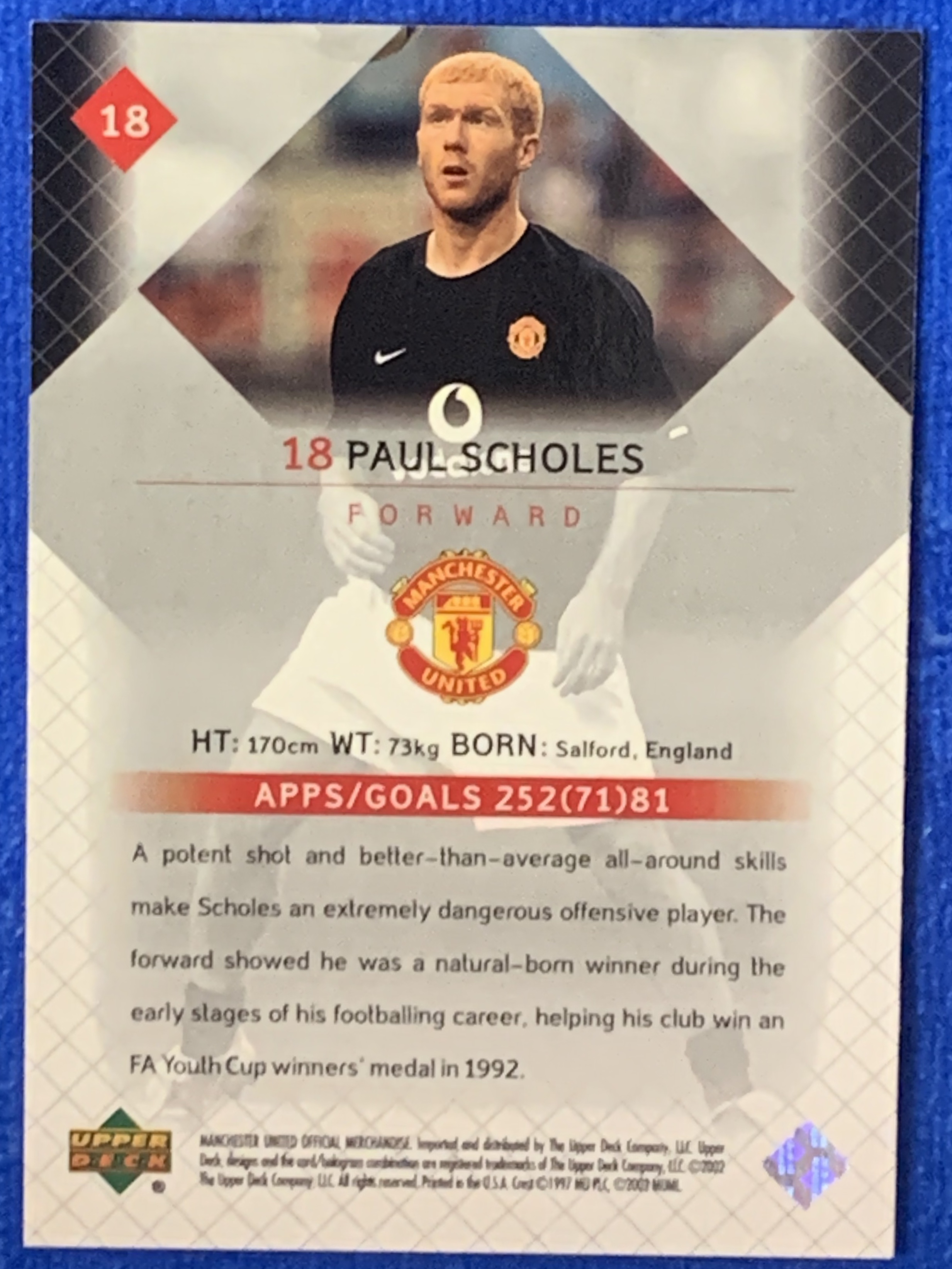 2002 Upper Deck Manchester United Paul Scholes 亚德 曼联 斯科尔斯 92班 三冠王 英格兰国脚England 暴力远射 经典老卡 不保卡品ebay有价