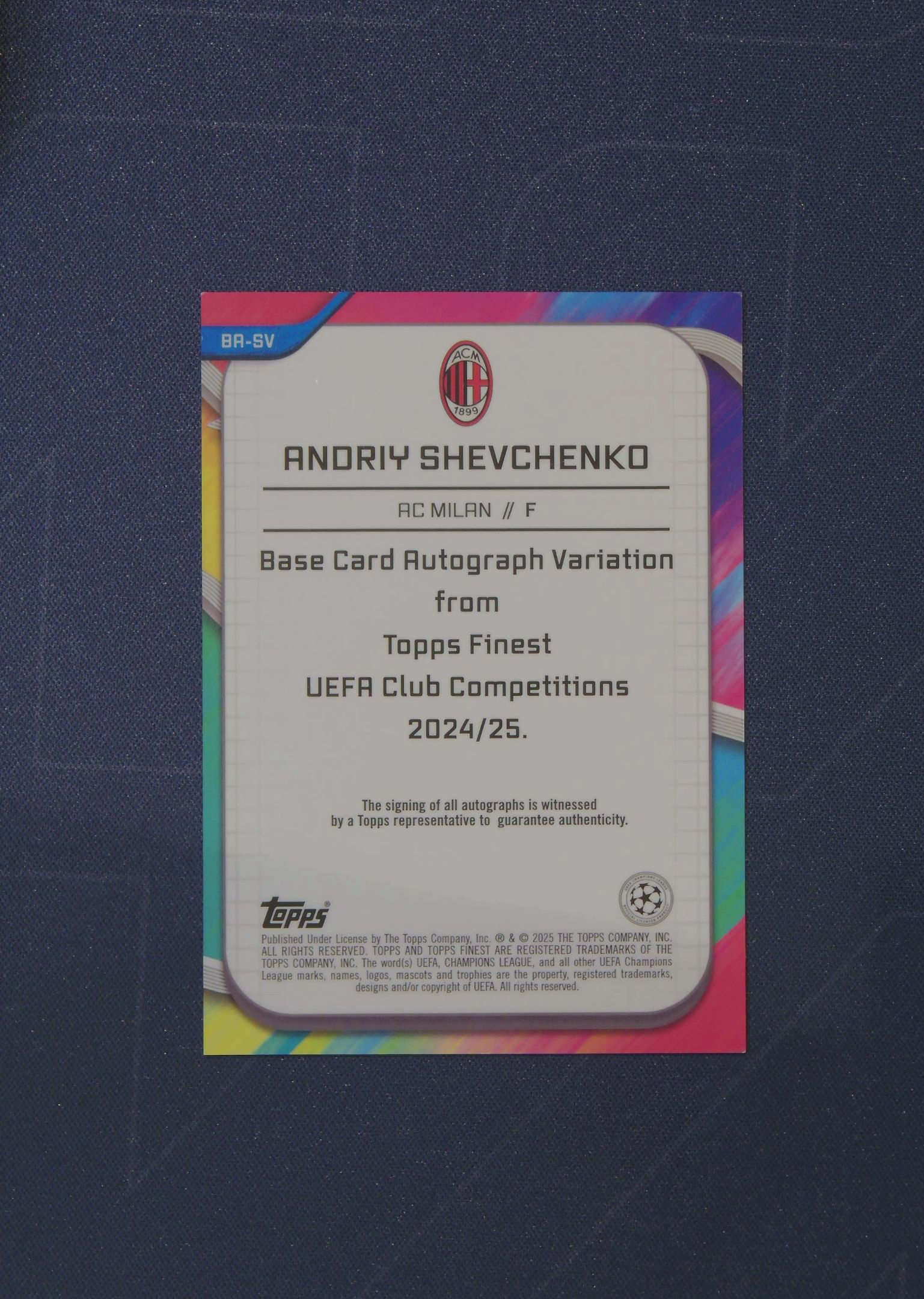 Carte Sportive Topps Finest UCC Andriy Shevchenko AC Milan - Auto /10 - Édition Limitée Noire