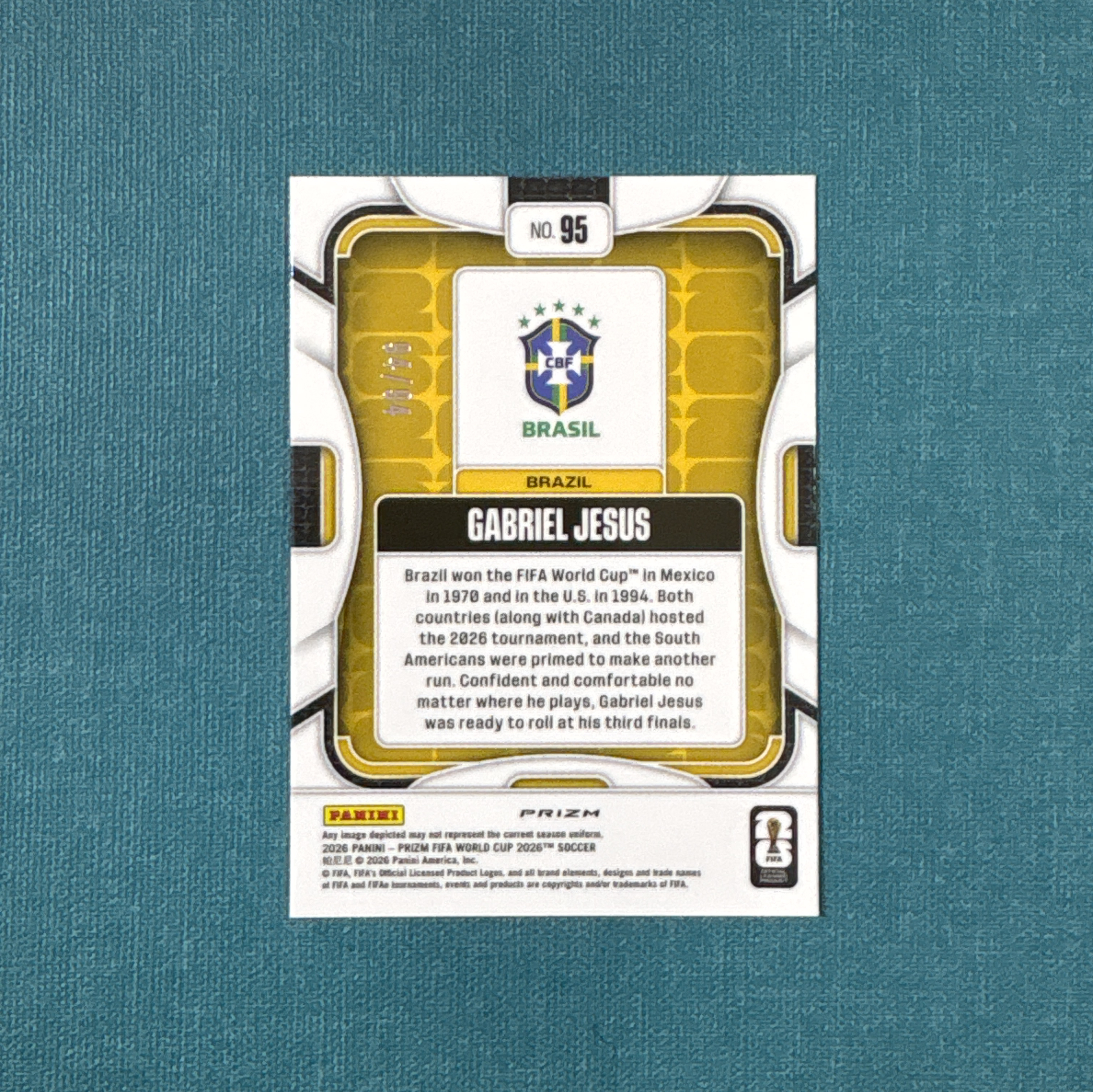 2026 Panini Prizm 世界杯PZ Gabriel Jesus 加布里埃尔 热苏斯 94/94编 尾编 星条折 巴西 阿森纳 卡品如图 JGG