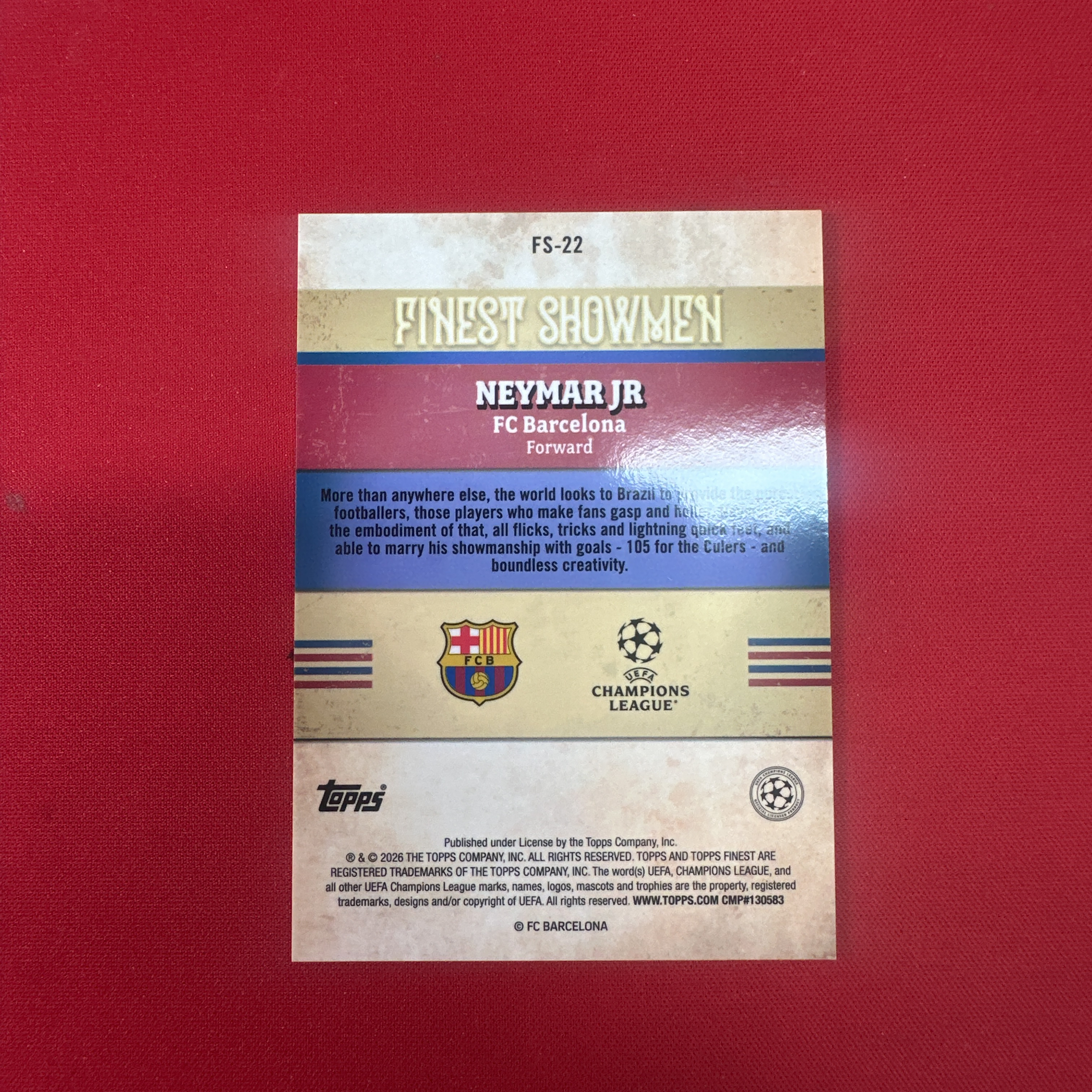 【四喜代拍】2026 Topps Finest 欧冠 Neymar Jr. 巴西 内马尔 内少 巴西 巴萨 最佳表演者特卡 卡品如图(polo)