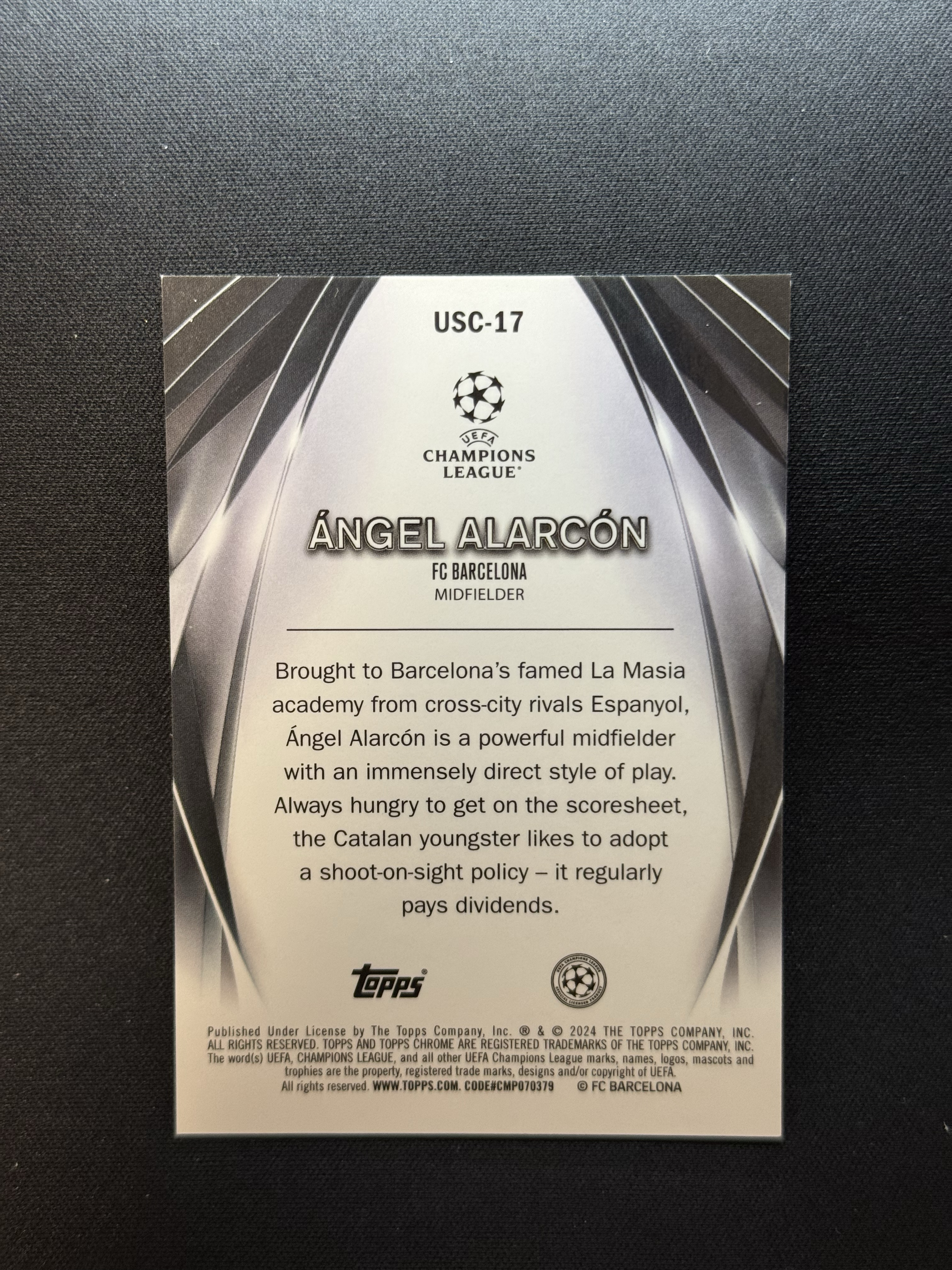 2023-24 Topps UCC Ángel Alarcón RC 【小贝代拍】欧战 UCC 巴萨 新秀 阿拉尔孔 终极舞台特卡 紫折 /75编 瑕疵如图 拍前看描述 H MFC