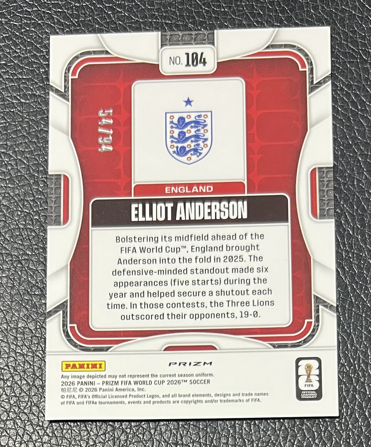 2025-26 Panini Prizm World Cup Elliot Anderson 埃利奥特 安德森 诺丁汉森林 英格兰 曼城 蓝星条折 54/94编 收藏必备 卡品如图