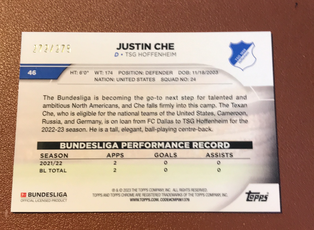 2023 Topps Chrome Justin Che 贾斯丁 275编 卡品如图 一天一快递不累计M500