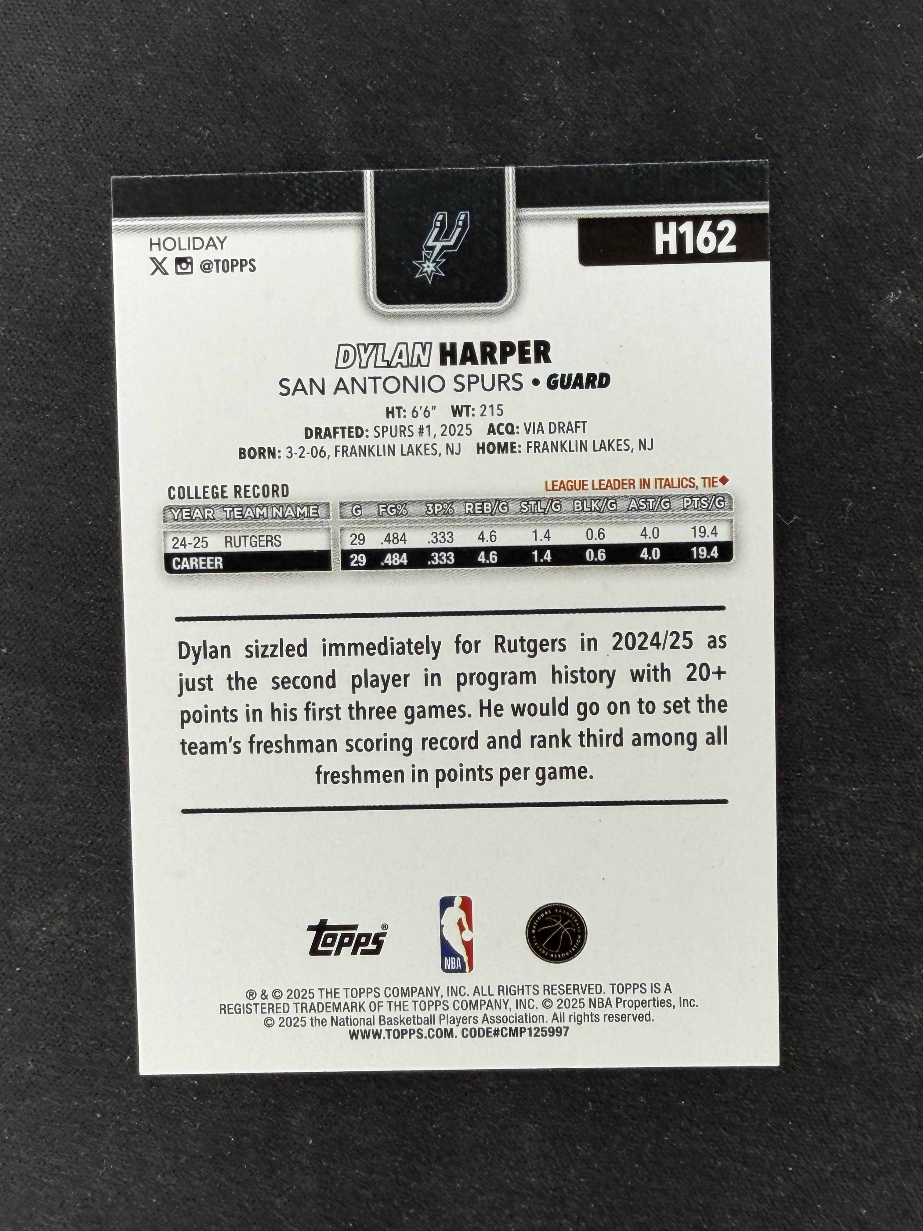 2025 【杰瑞拍卖】 Topps Dylan Harper 迪伦哈珀 新秀 冬日版 潜力无限 未来全明星 卡品如图(鱼叉哥221)