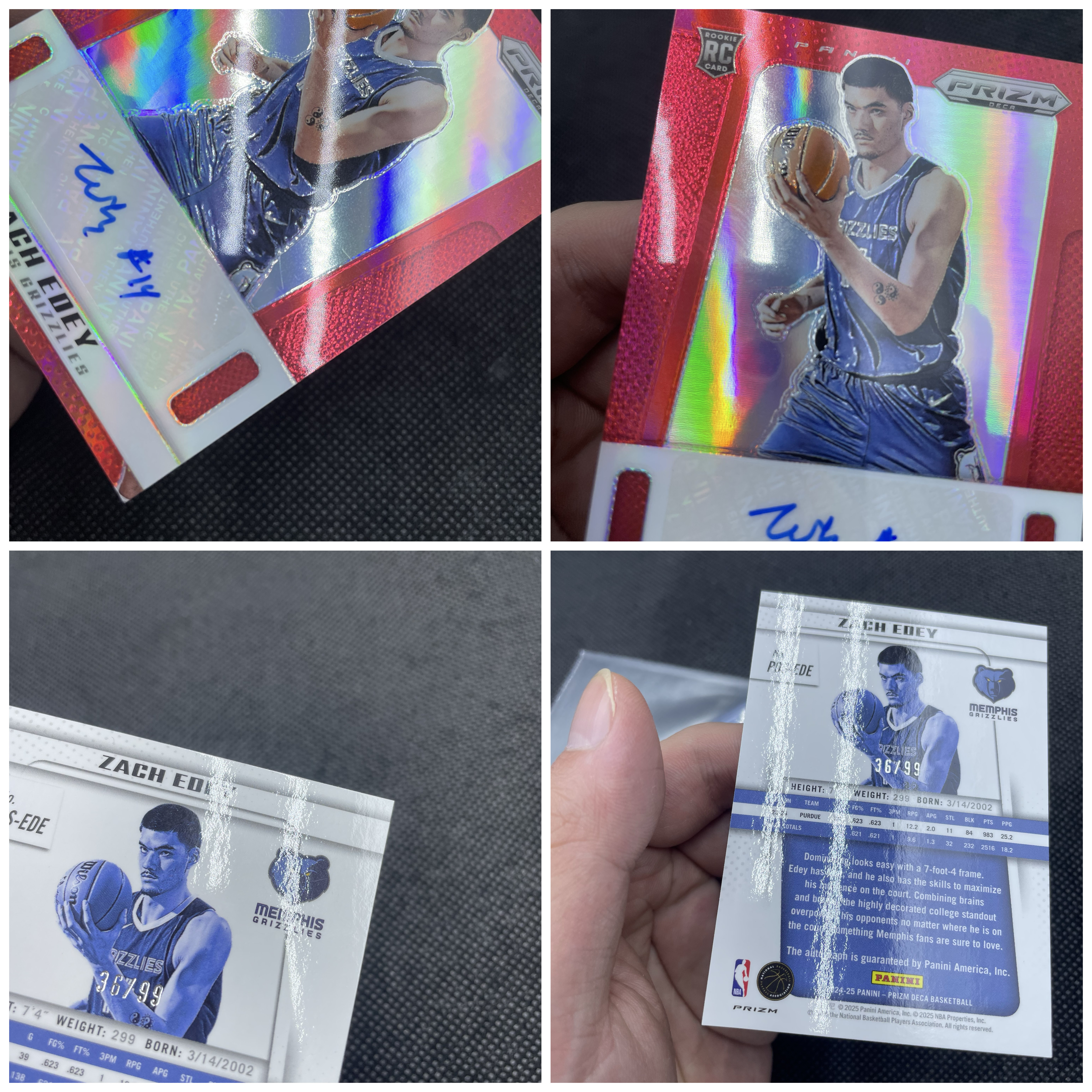 2024-25 Panini Prizm Deca Zach Edey RC 次年复刻 灰熊 新秀 扎克 伊迪 埃迪 周志豪 36/99编 签字 背号签 红折 莫兰特队友 潜力大热 品墨如图 Yo
