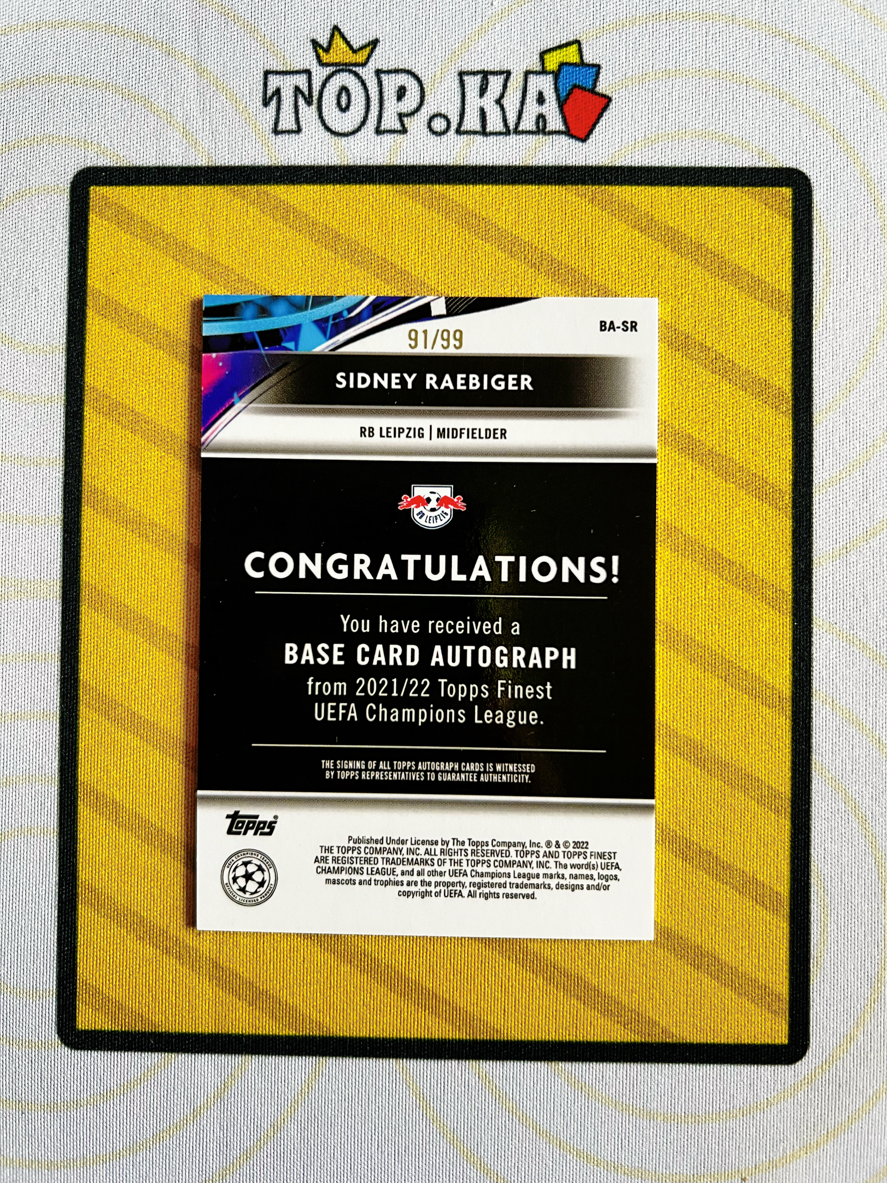 【顶尖卡社】2022 Topps Finest Sidney Raebiger RC 欧冠 莱比锡红牛 新秀 西德尼 雷比格 绿波纹折 签字 91/99编 详情看描述 卡品如图【Lawson】