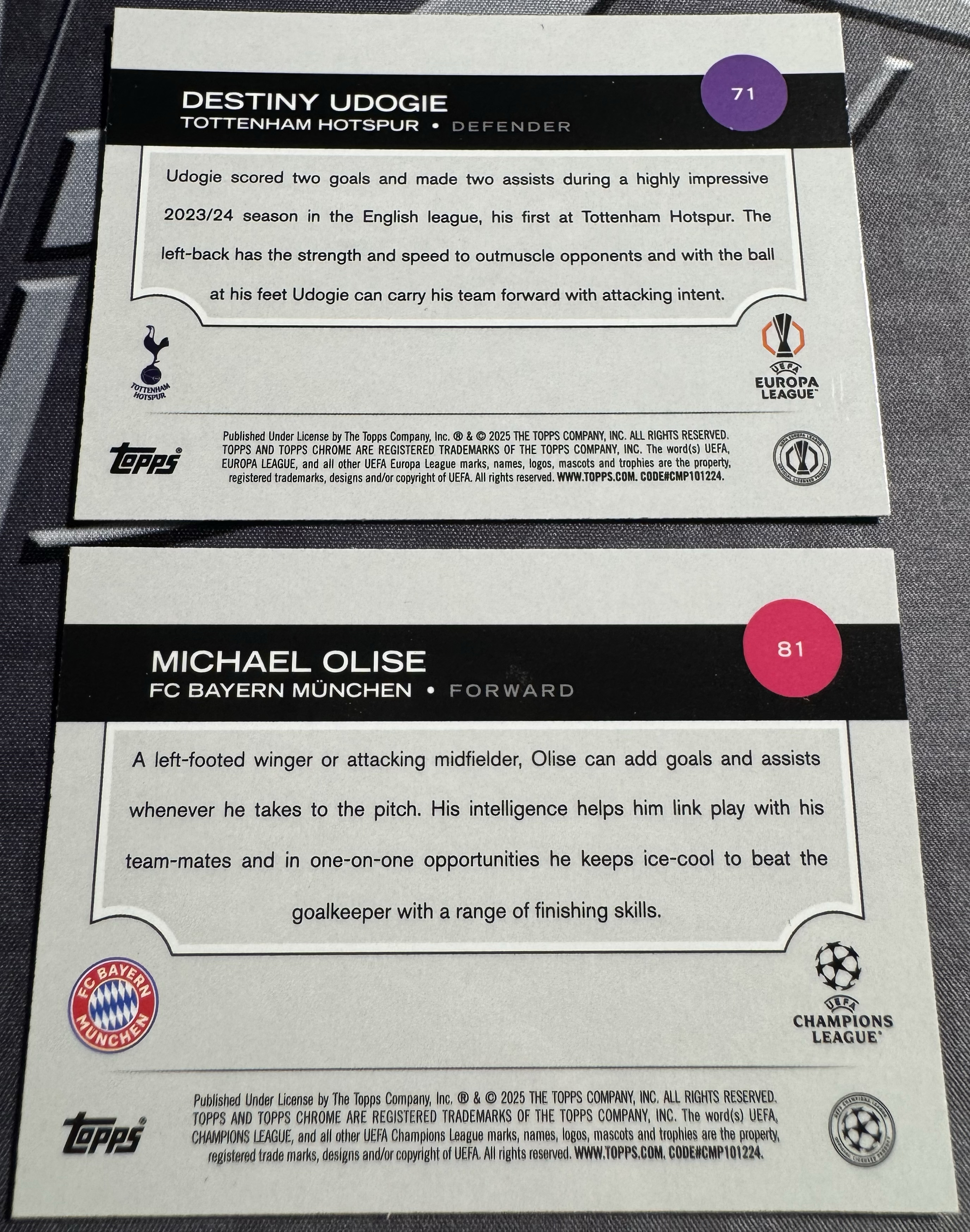 2024-25 Topps Chrome UCC 欧战 Michael Olise 迈克尔 奥利塞 拜仁慕尼黑 Destiny Udogie 乌多吉 银波纹折 2张打包 卡品不保 瑕疵如图 XW
